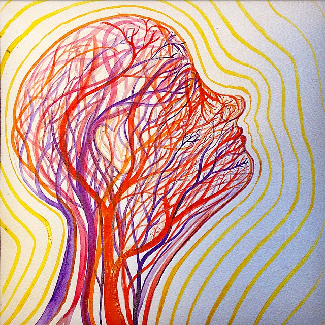 BioRadiance depicts the vasculature of the head and the radiant energy we produce Ink on paper, 12" x 12"