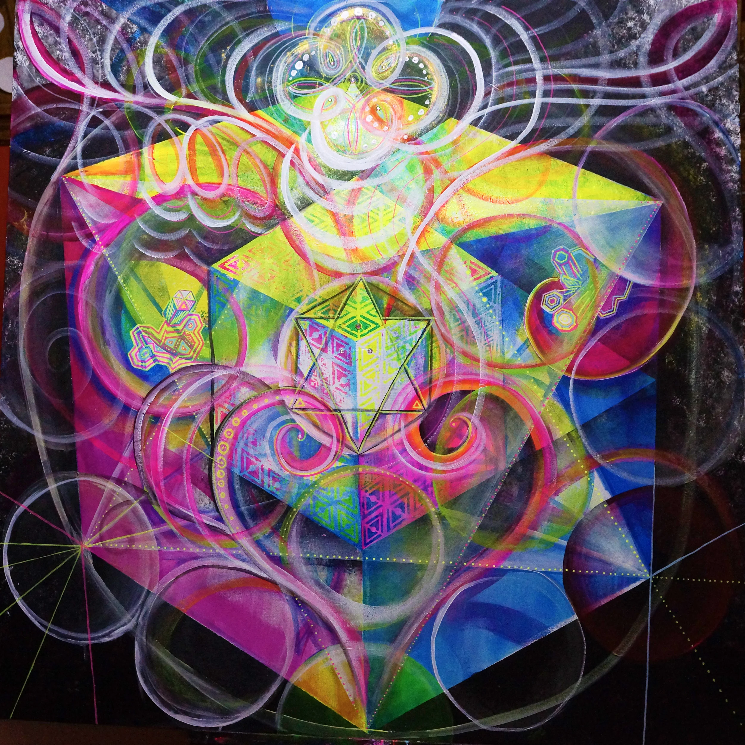 4ftx4ft, UV Reactive, glow in the dark, and dayglo paints on canvas. Sacred Geometry and emotion play together.