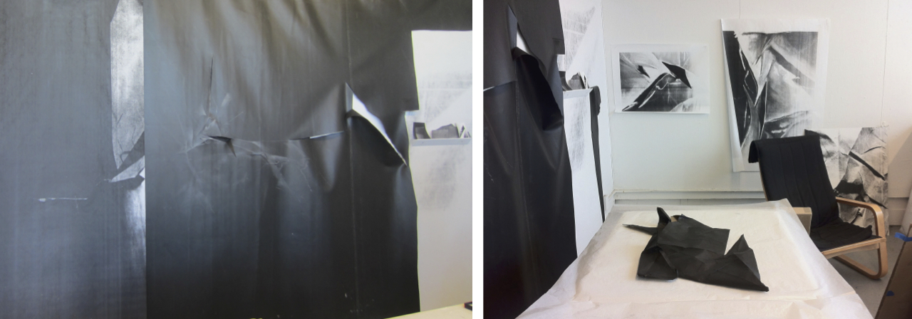 In-process working wall: sheet rubber with pastel & laser toner prints