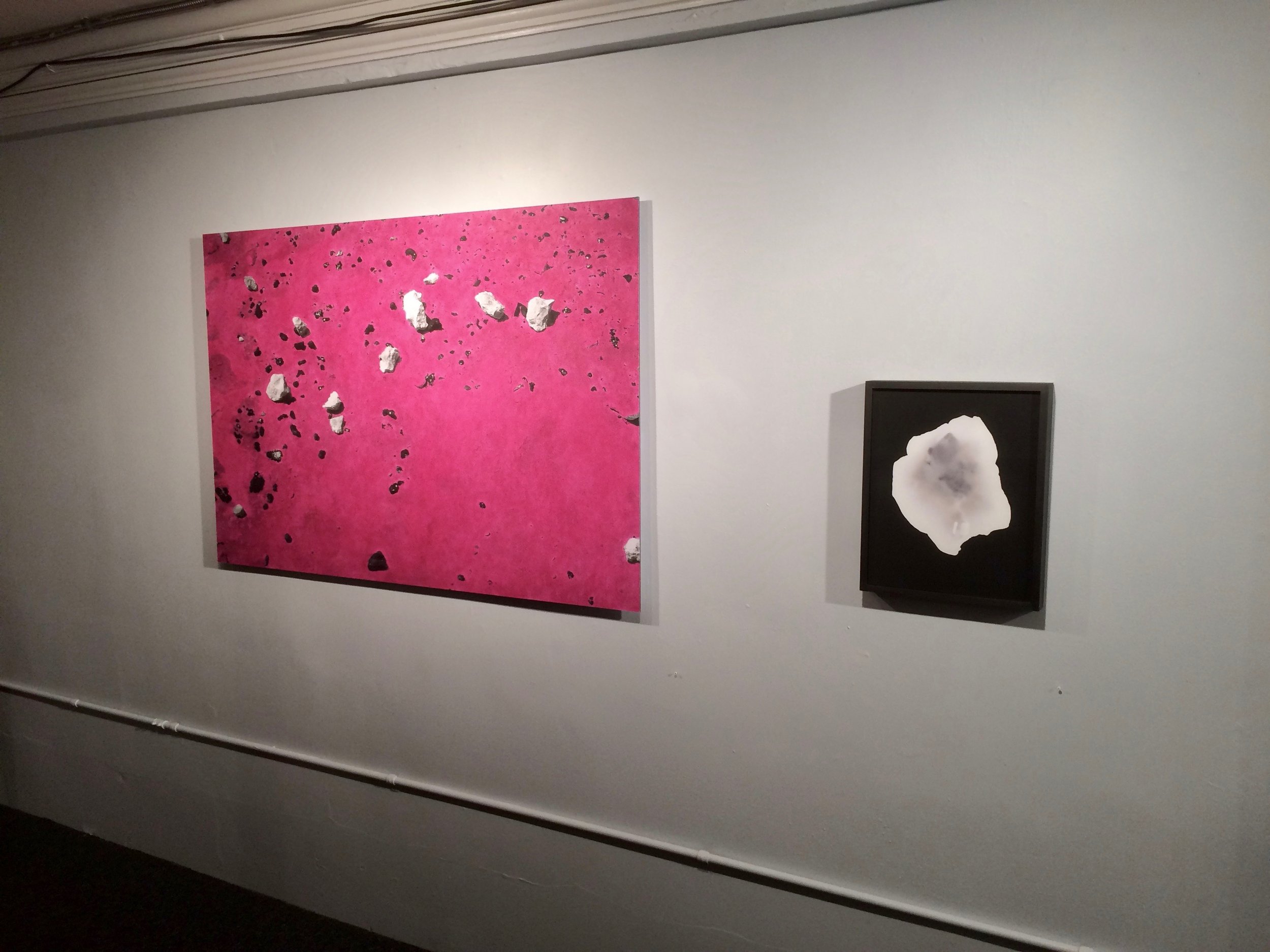 Magenta Desert by Sage Lewis (left) alongside Blackstone Glacier Ice #2, an ice photogram by Shoshannah White.