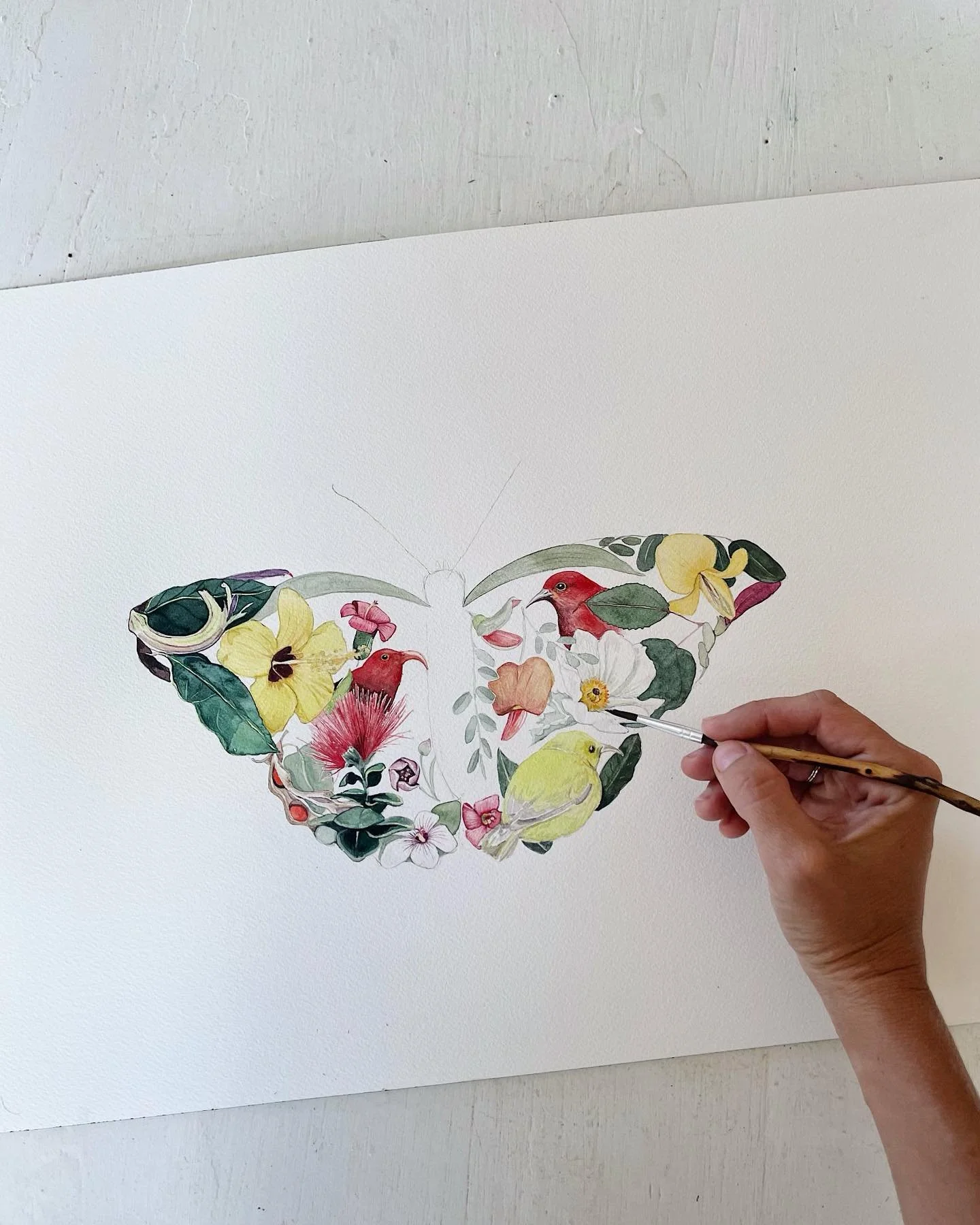 Getting close to finishing this one up. How many flowers of Hawai&rsquo;i can you name? Bonus points for the birds 🌿 #hawaii #watercolor #hawaiiflowers #birdsofhawaii