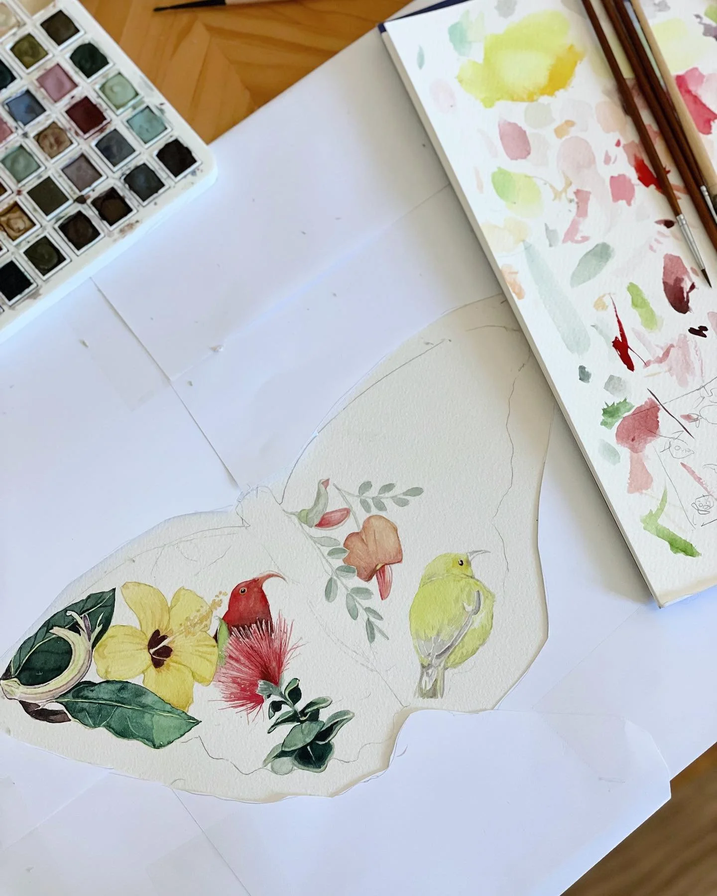 I started this Hawai&rsquo;i endemic species piece last summer and got stuck on it. This week I dug it out and decided to add some birds to it and now I want to add a bird into every painting from now on 😅 #putabirdonit #iiwi #amakihi #ohia