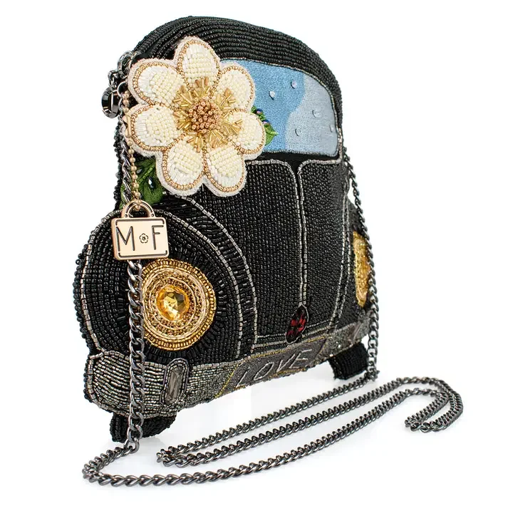 On the Road Black Car White Flower Beaded Crossbody Handbag