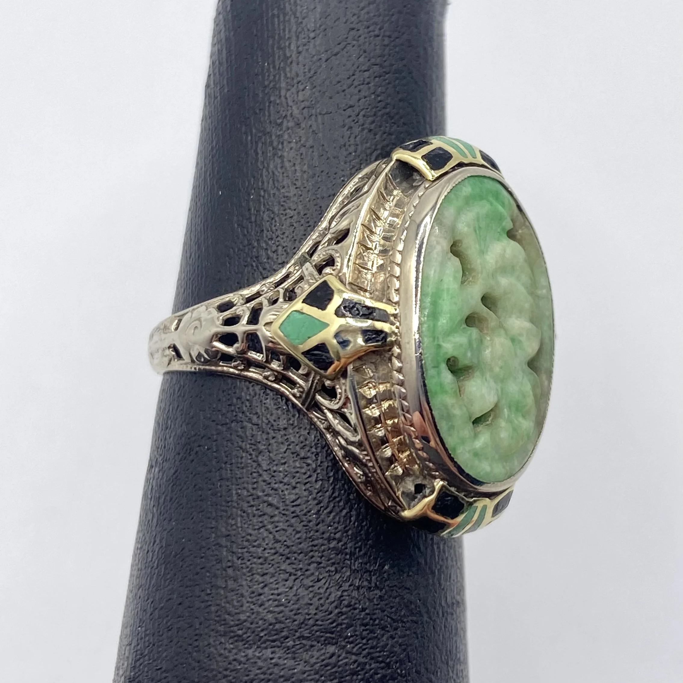 Vintage Art Deco Carved Jade and Enamel Ring, Size 5.75