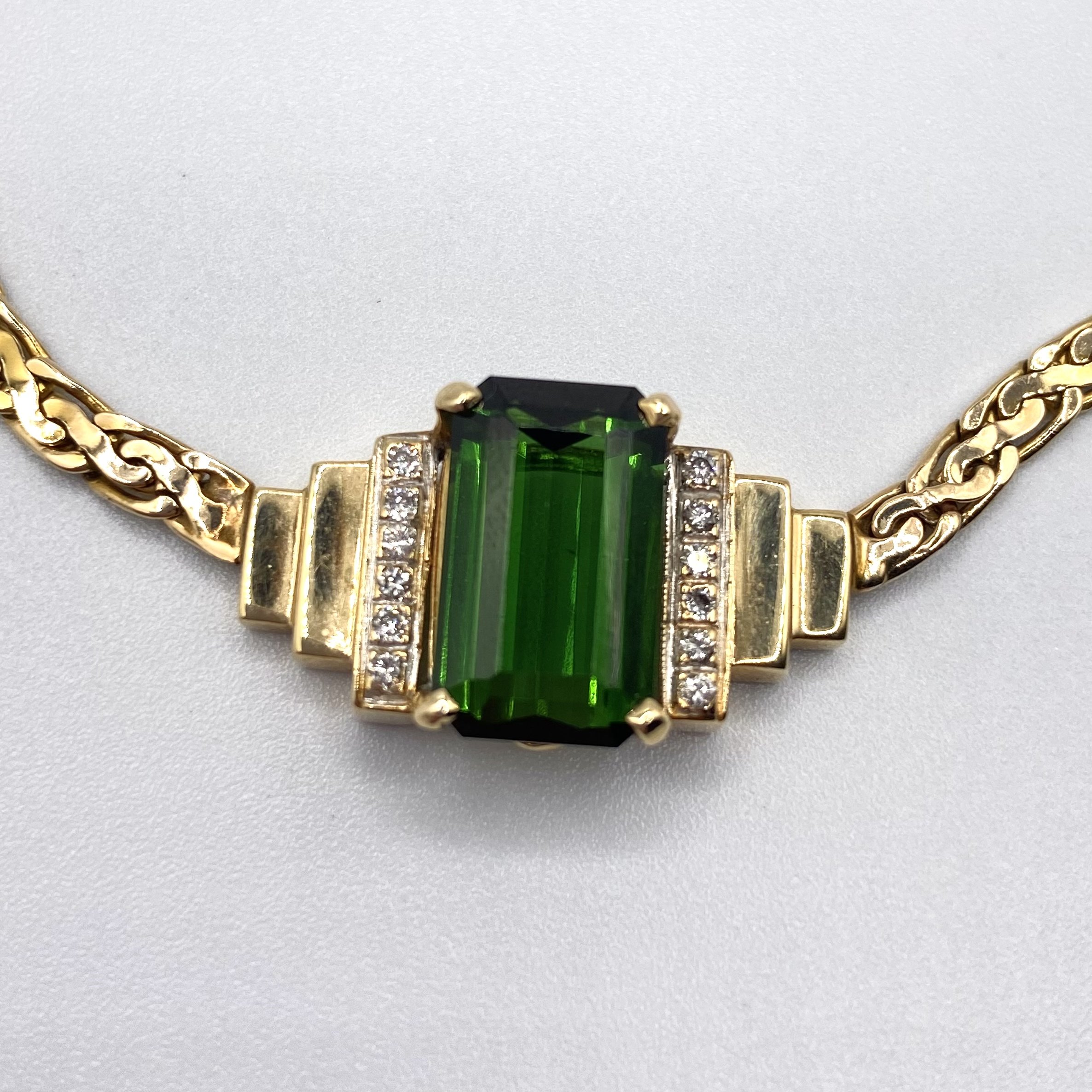 Green Tourmaline and Diamond Stationary Pendant on Yellow Gold "S" Chain, 16" Length
