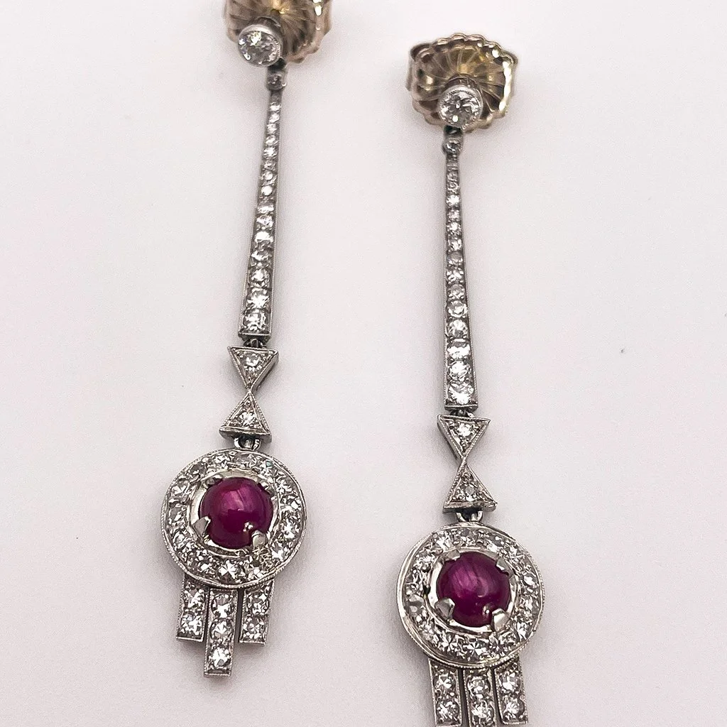 Stunning Art Deco Platinum Ruby and Diamond Dangle Earrings
