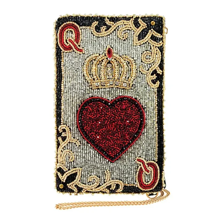 Queen of Hearts Beaded Playing Card Crossbody Phone Bag