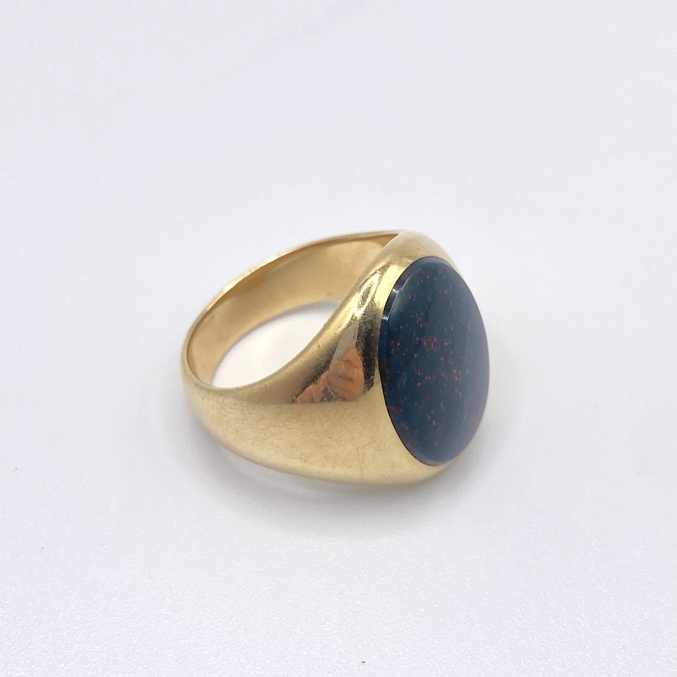 Yellow Gold Oval Bloodstone Signet Ring, Size 6.5