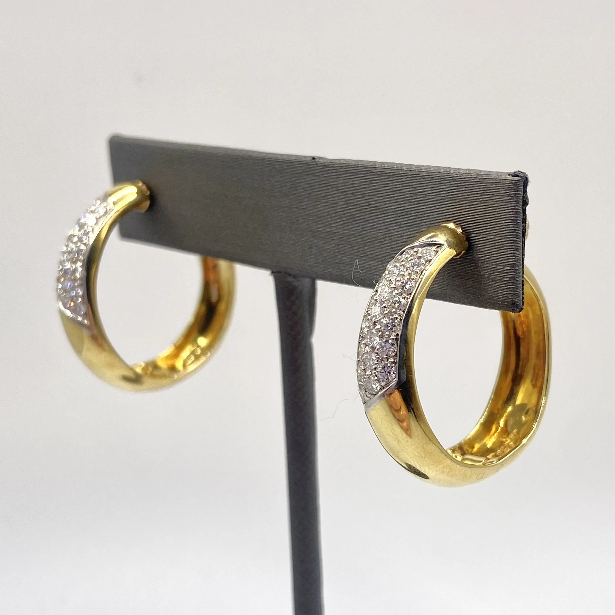 Yellow Gold and Three-Row Diamond 1" Hoop Clip-On Earrings
