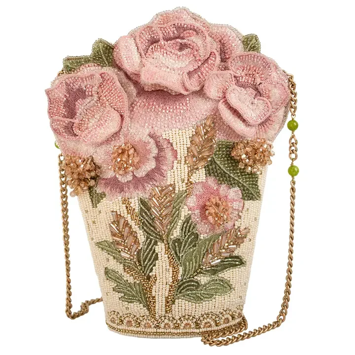 Sweet Pink Floral Bouquet Beaded Crossbody Handbag