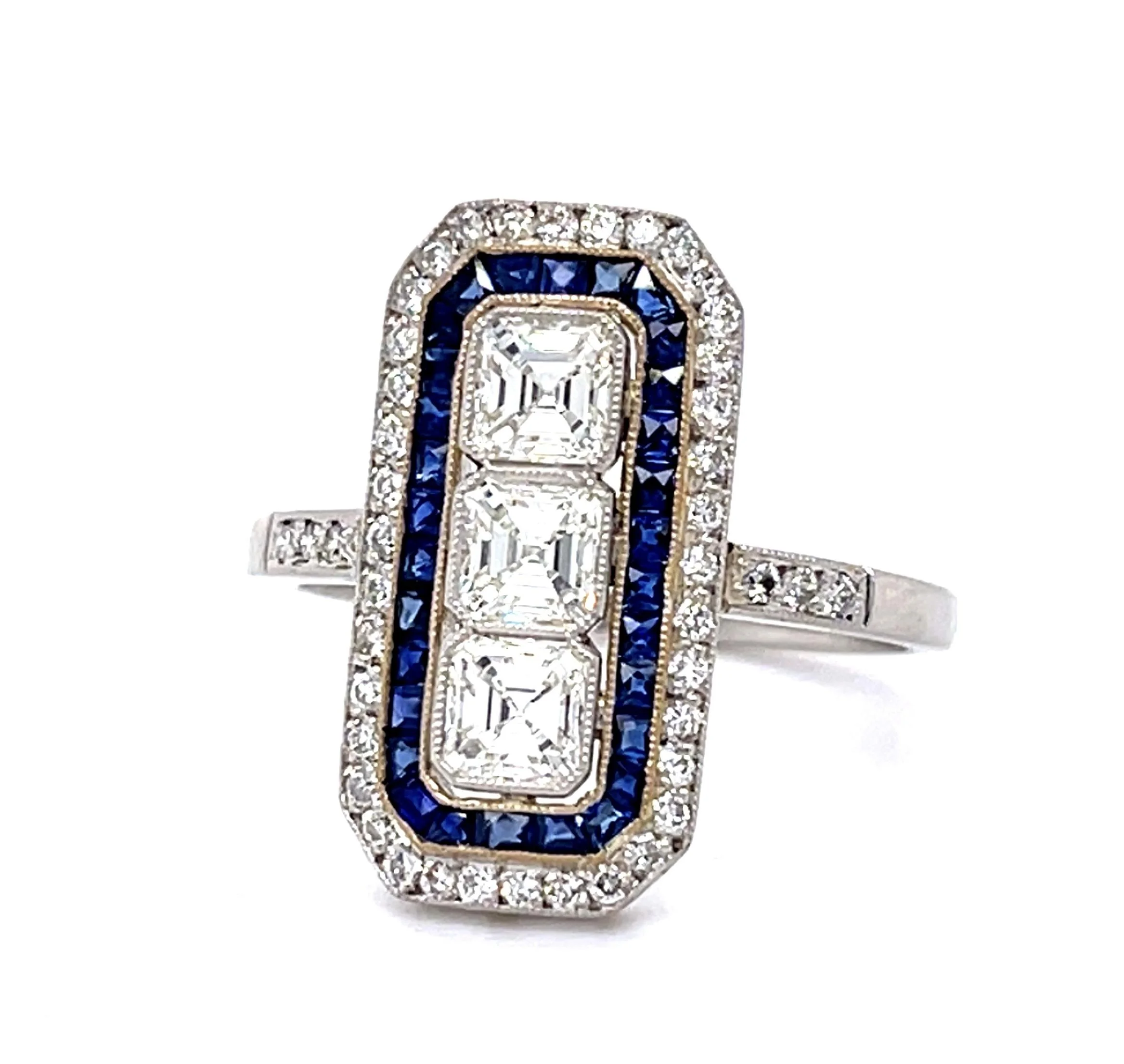 Antique Asscher-Cut Diamond and Sapphire Platinum Ring