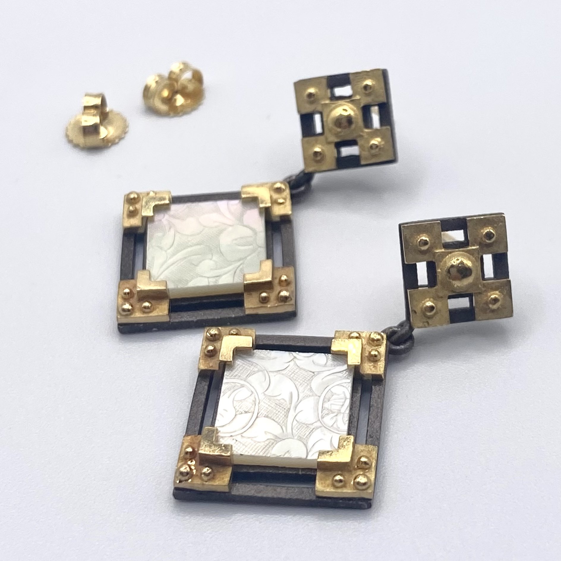 Antique Square Carved Mother of Pearl Counter Double-Drop Earrings