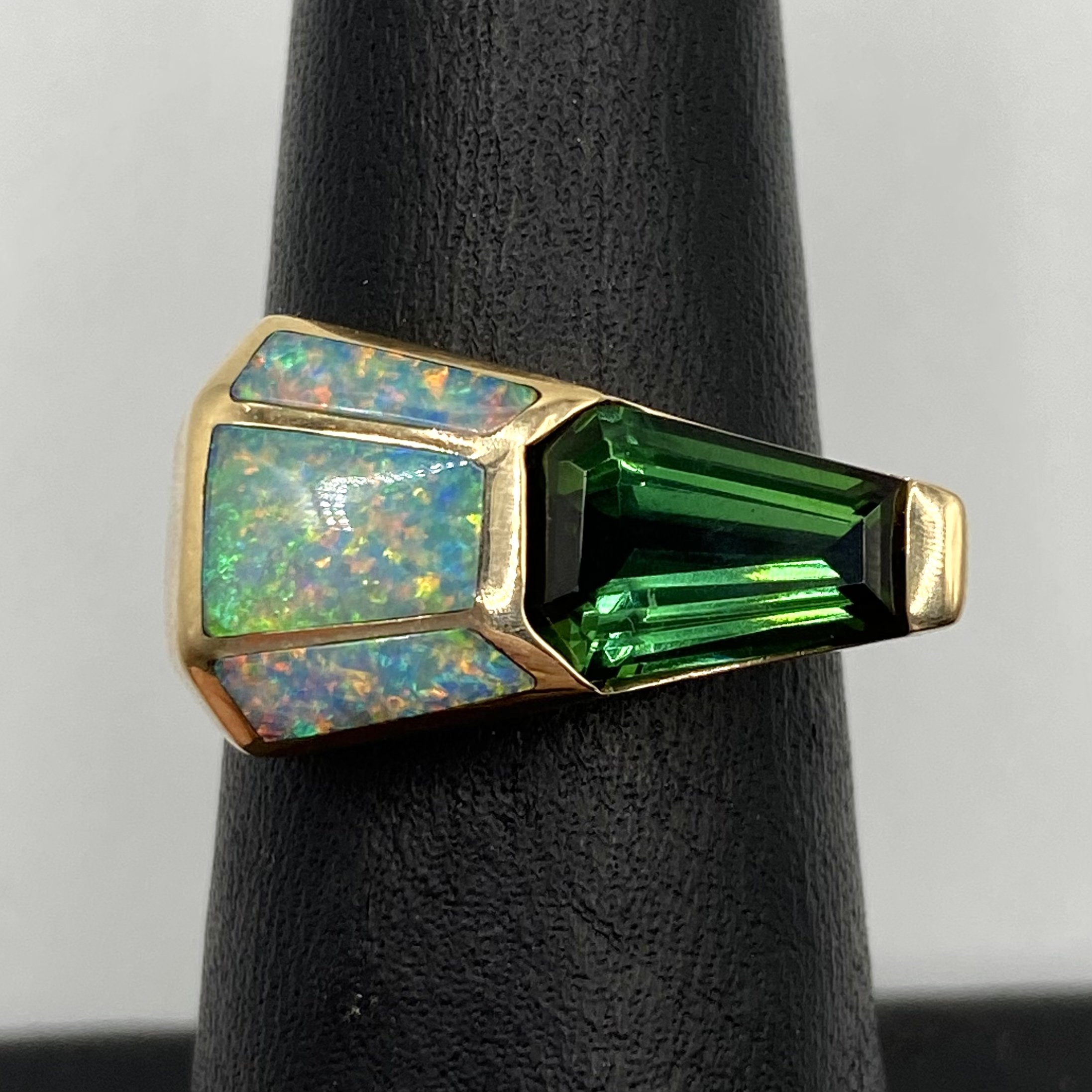 Opal Inlay and Step-Cut Green Tourmaline Ring, Size 6.5