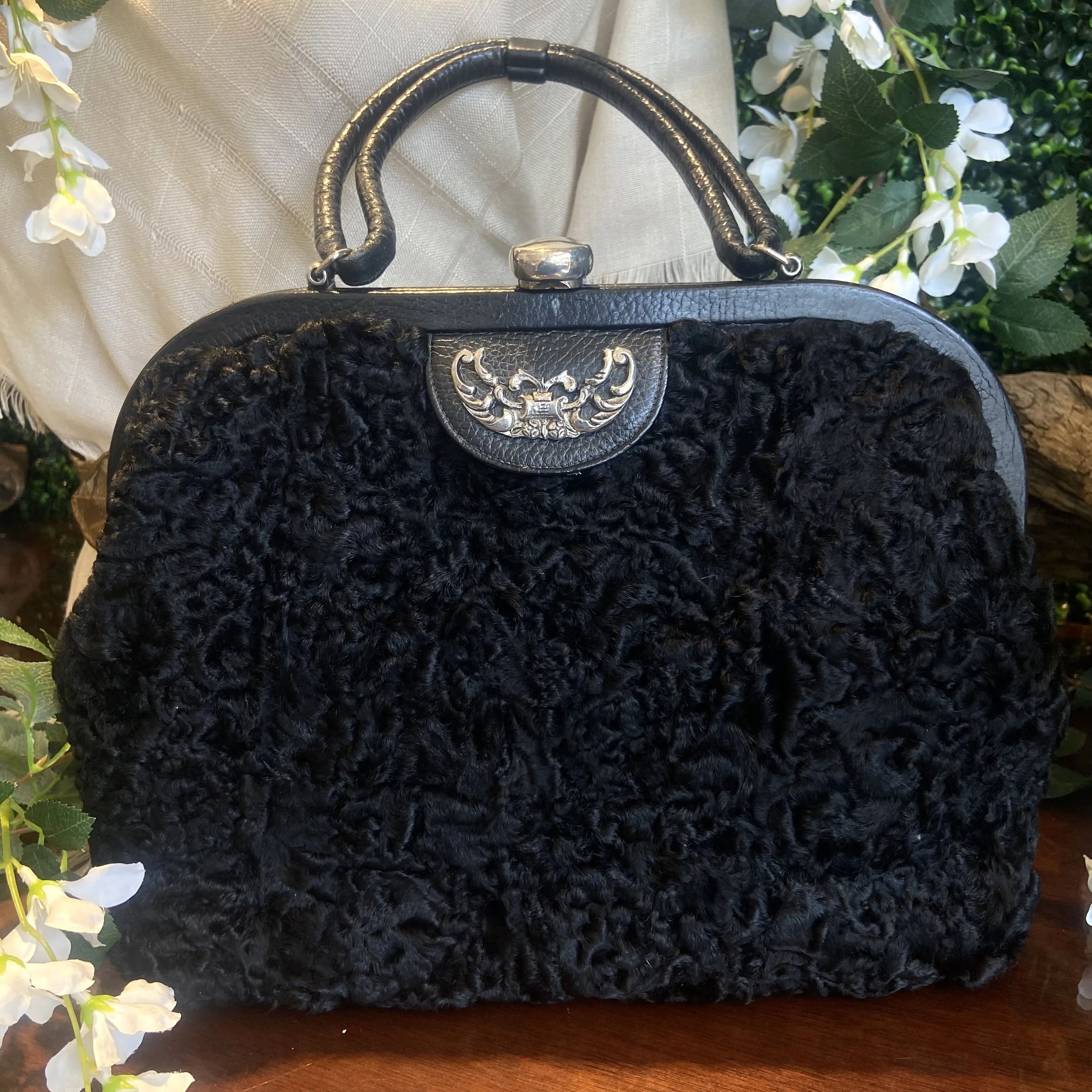 Upcycled Black Curly Lamb Covered "Saber" Handbag