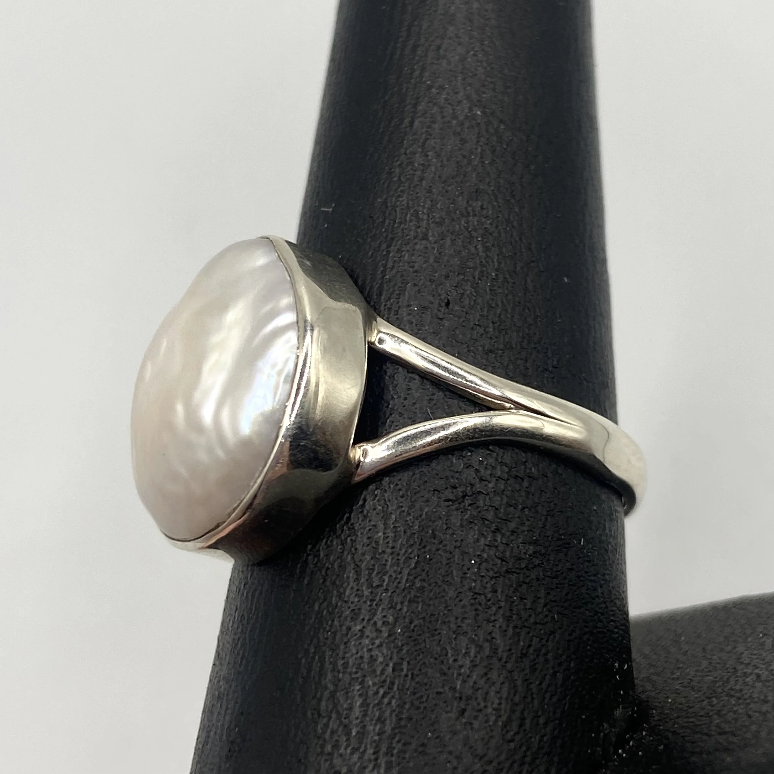 Bezel-Set White Coin Pearl Silver Ring, Size 9