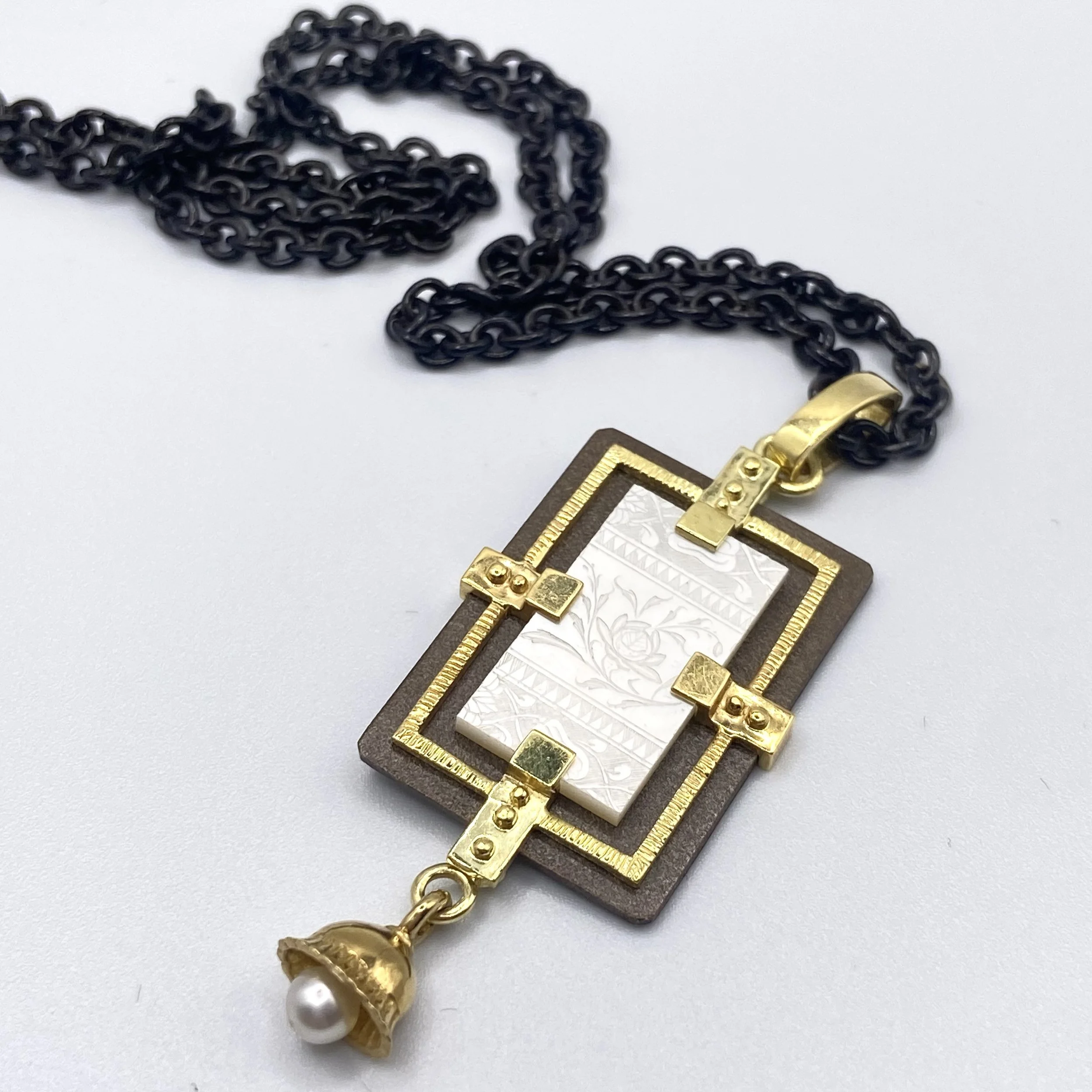 Antique Rectangular Carved Mother of Pearl Counter Pendant on 18" Heavy Cable Chain w/ Pearl Drop