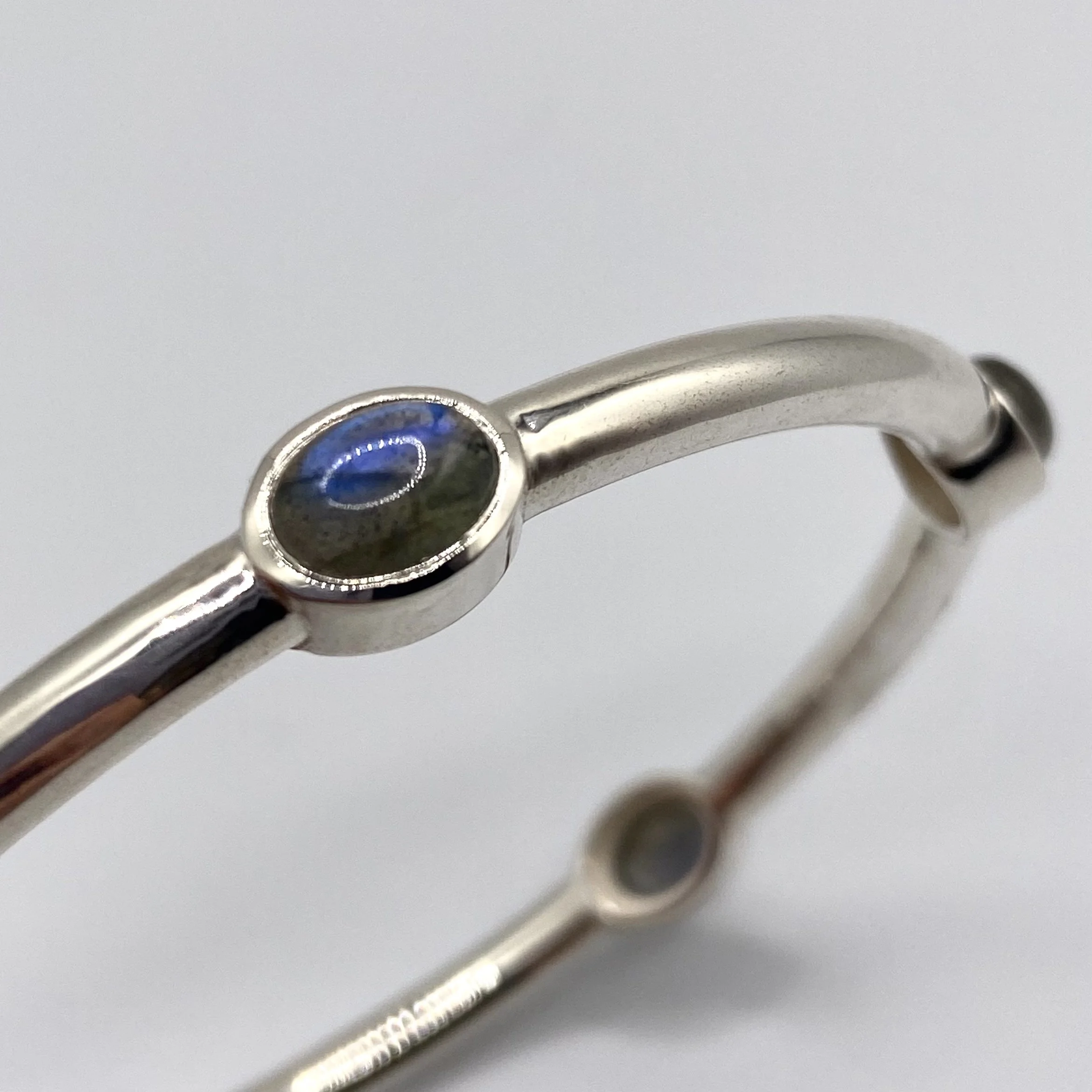Silver Bangle w/ Bezel-Set Labradorite Cabochons