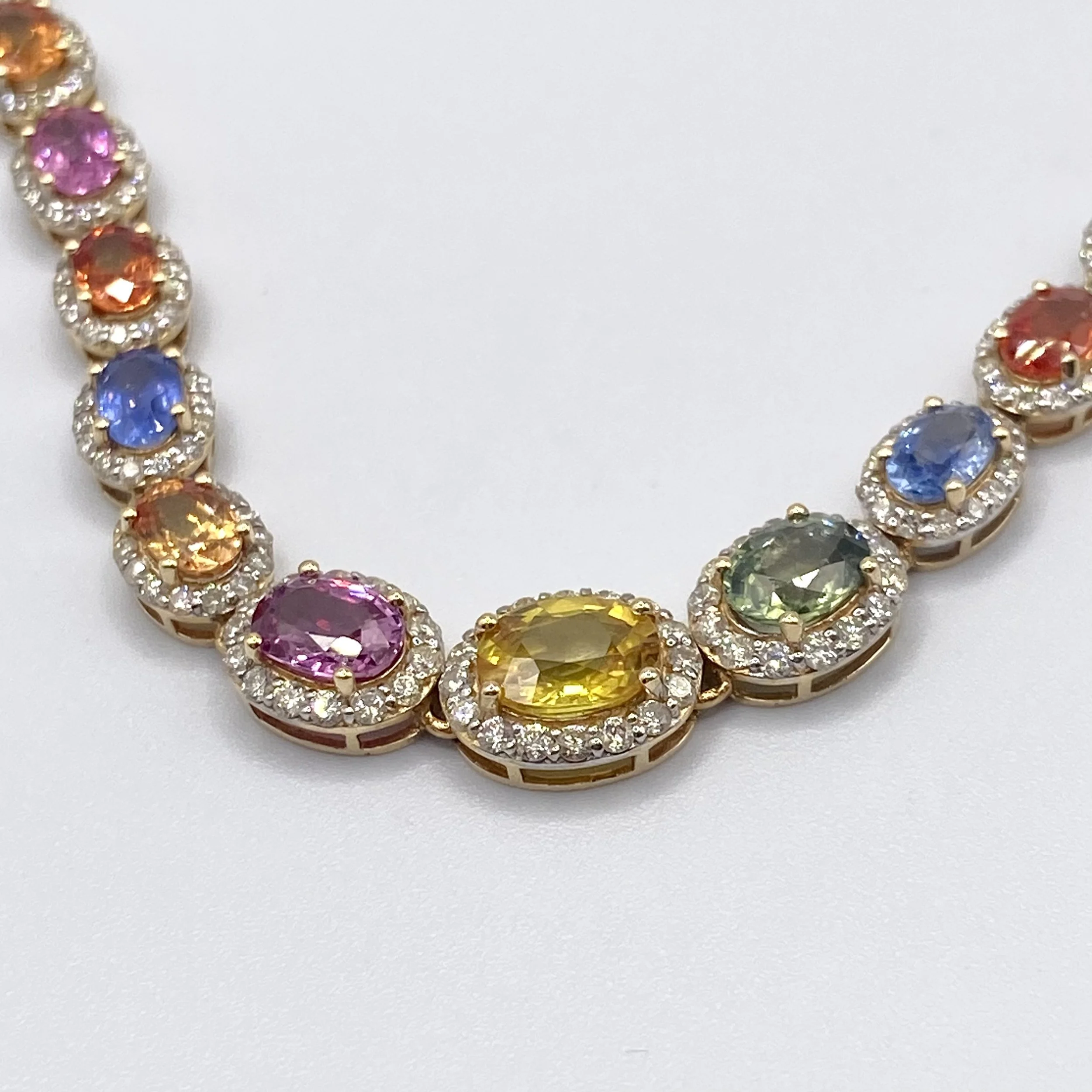 Multi-Colored Sapphire w/ Diamond Halo Necklace, Length 17"