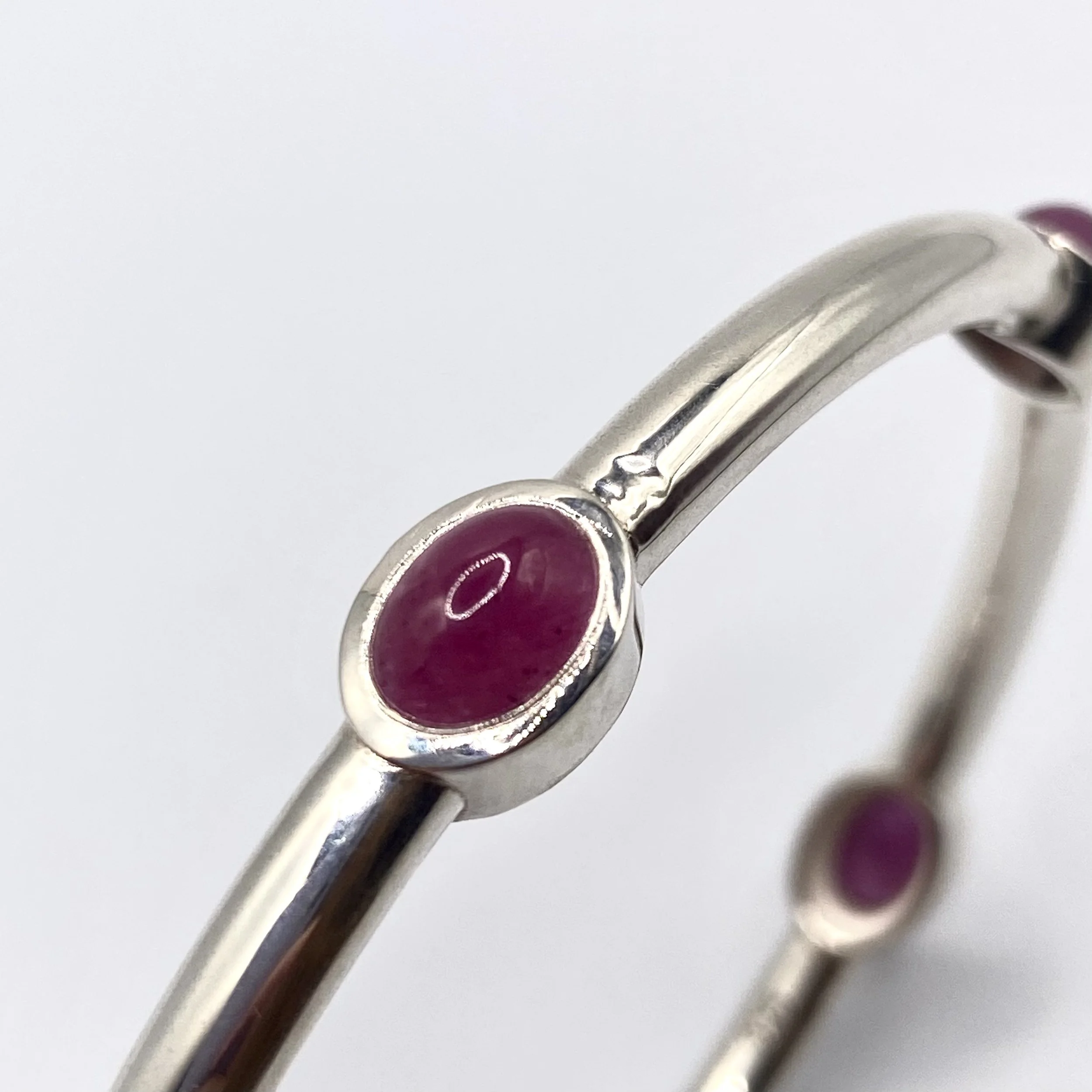 Silver Bangle w/ Bezel-Set Ruby Cabochons