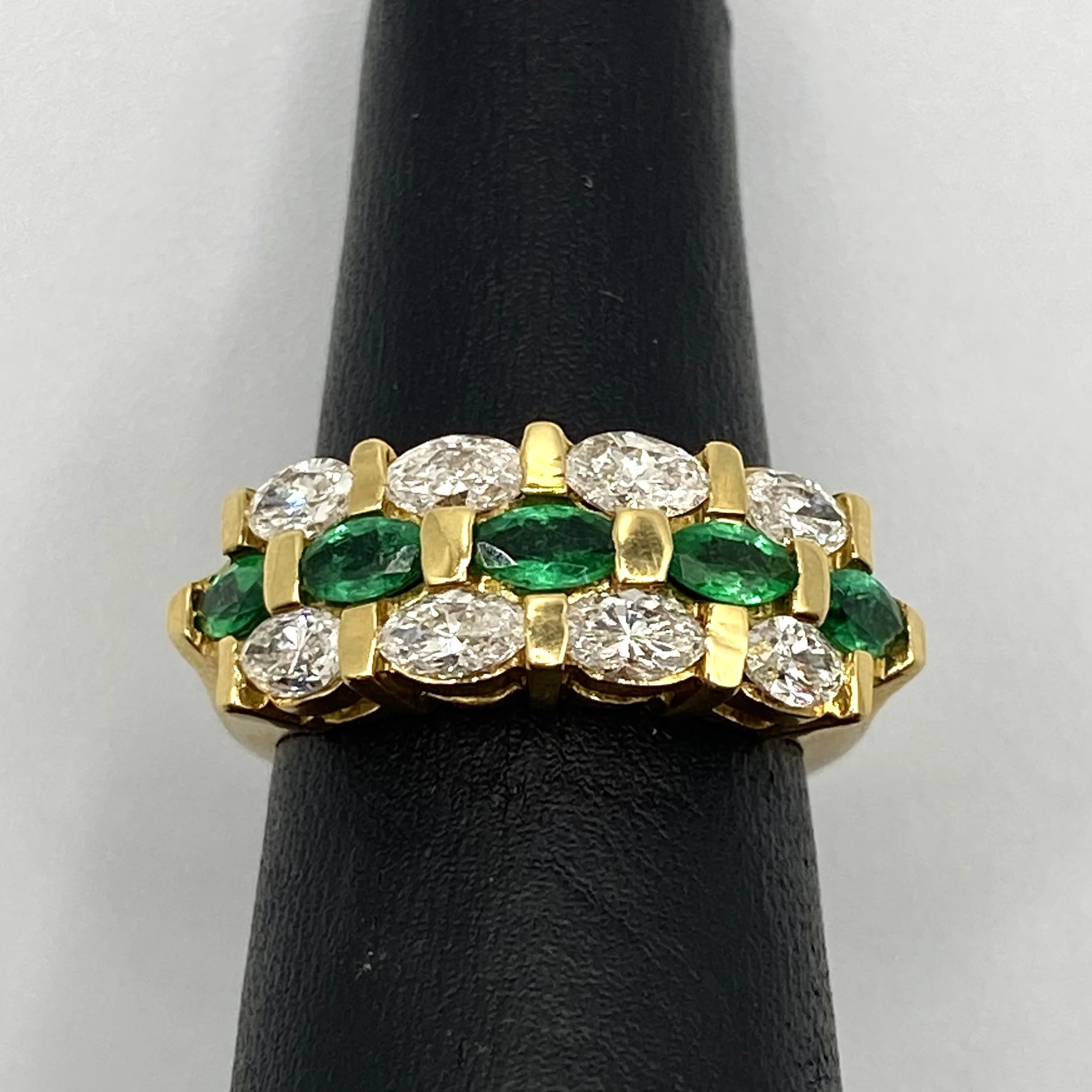 Three Row Diamond and Emerald Yellow Gold Ring, Size 6.5