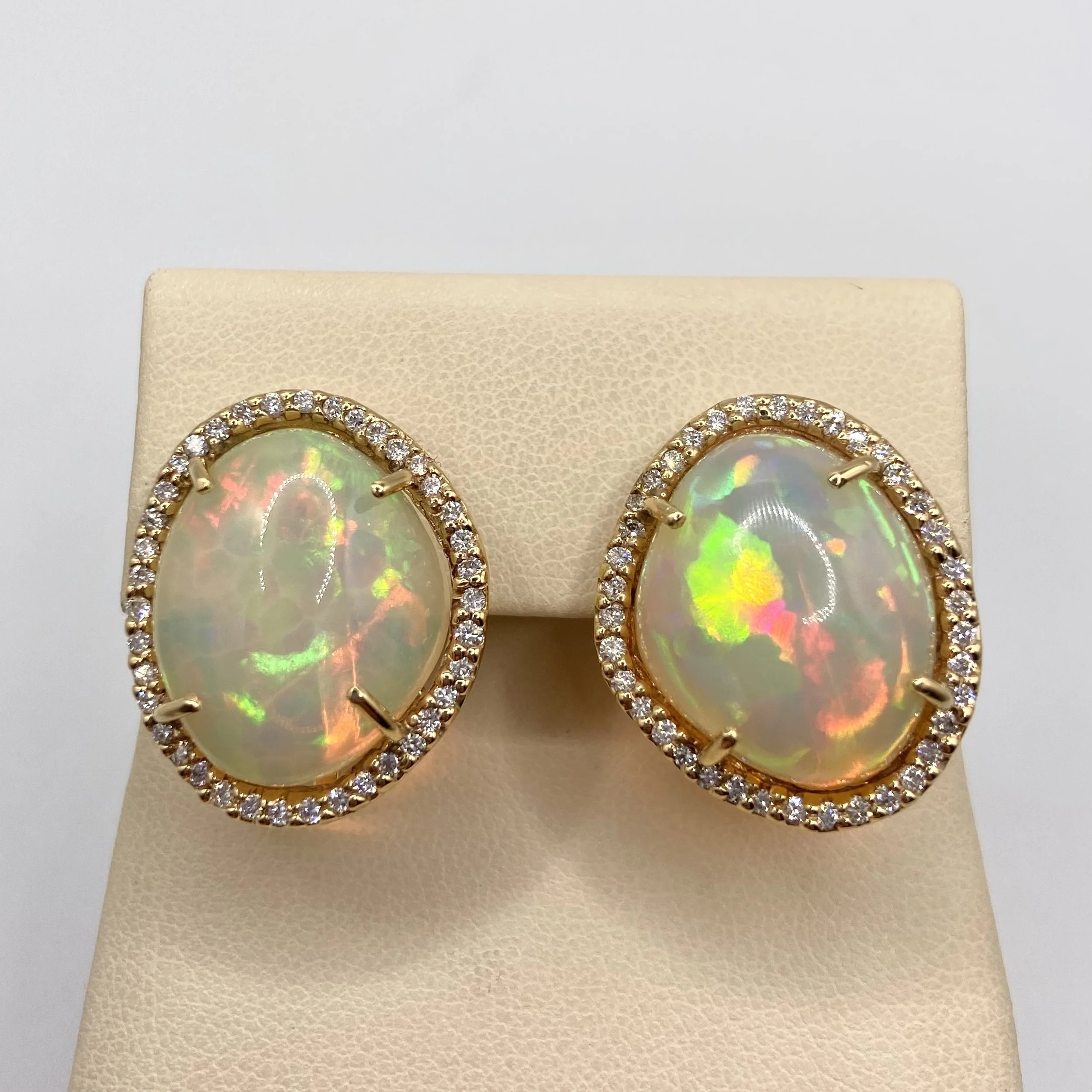 Rounded Opal Omega-Back Earrings w/ Diamond Halo
