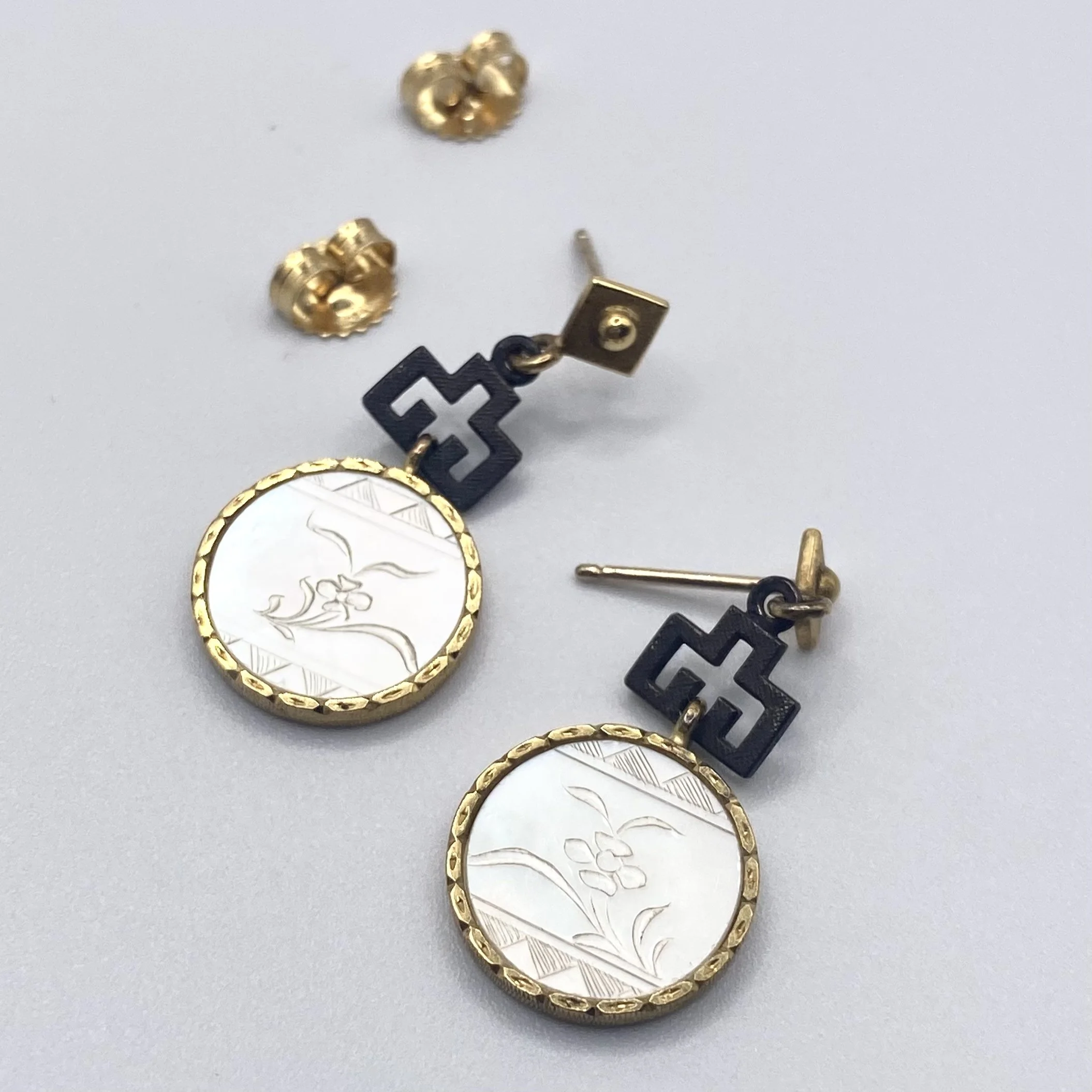 Antique Round Carved Mother of Pearl Counter Double-Drop Earrings