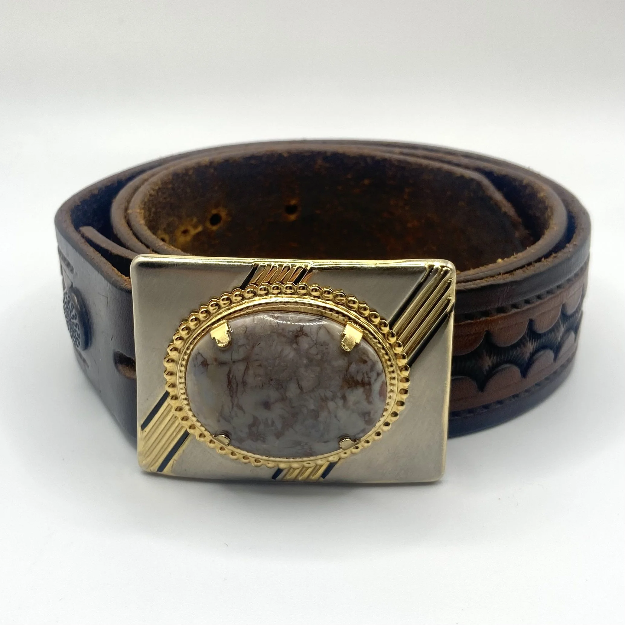 Vintage 28" - 30" Leather Belt w/ Two-Tone Stone Buckle
