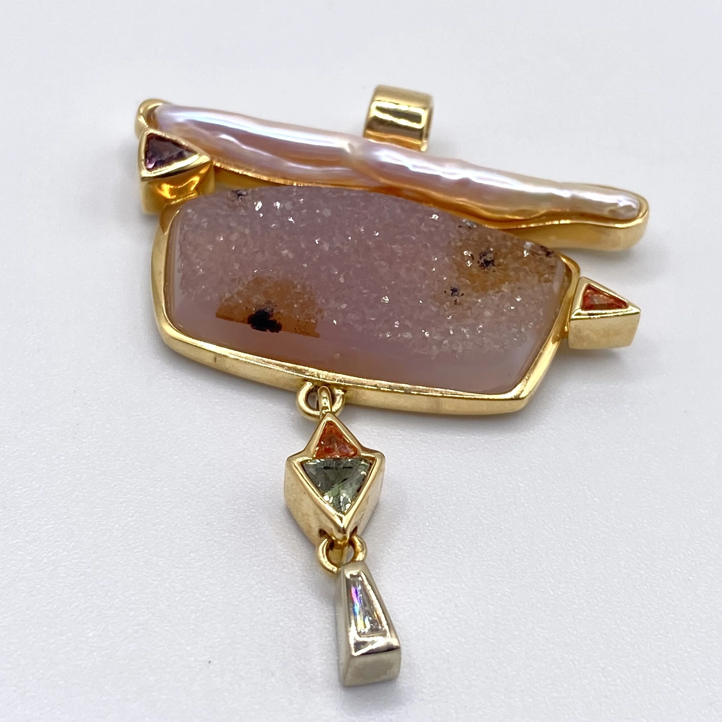 Druzy Quartz, Biwa Pearl, and Colored Gemstone Organic Pendant