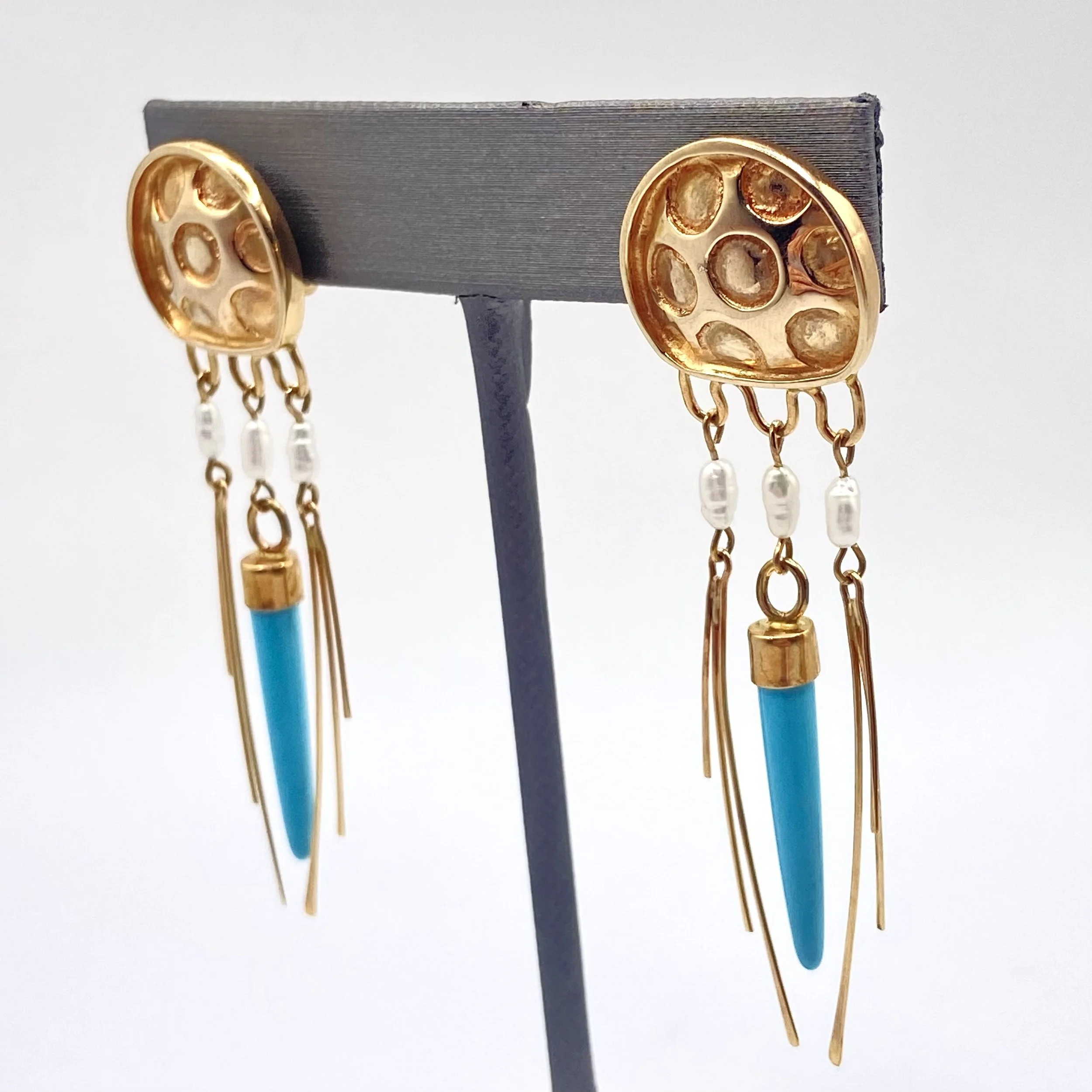 "Jellyfish" Turquoise and Pearl Dangle Clip-On Earrings