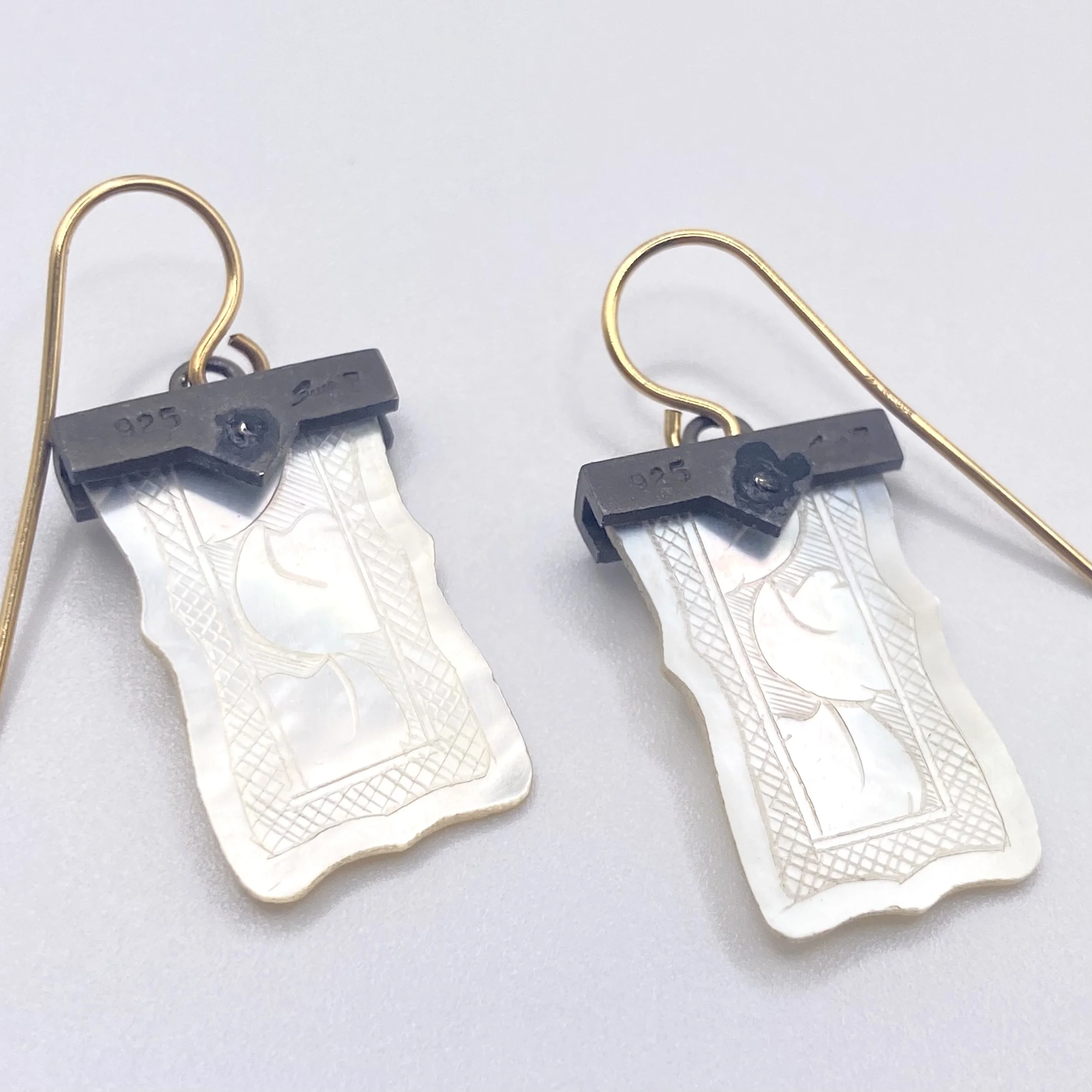 Antique Rectangular Carved Mother of Pearl Counter Drop Earrings
