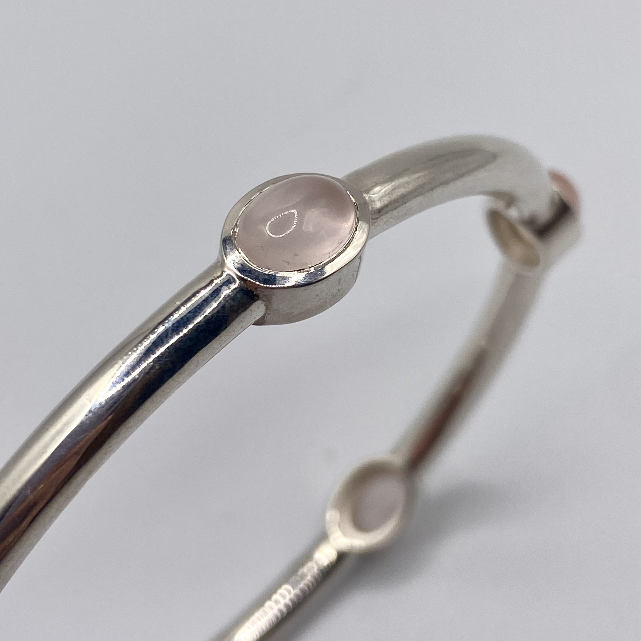Silver Bangle w/ Bezel-Set Rose Quartz Cabochons
