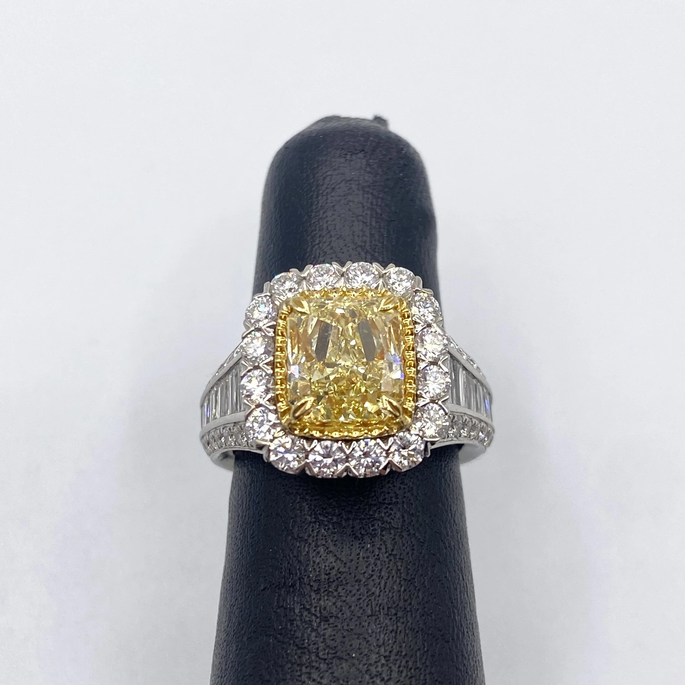 Fancy Yellow Radiant Diamond Ring w/ Diamond Accents, Size 4.5