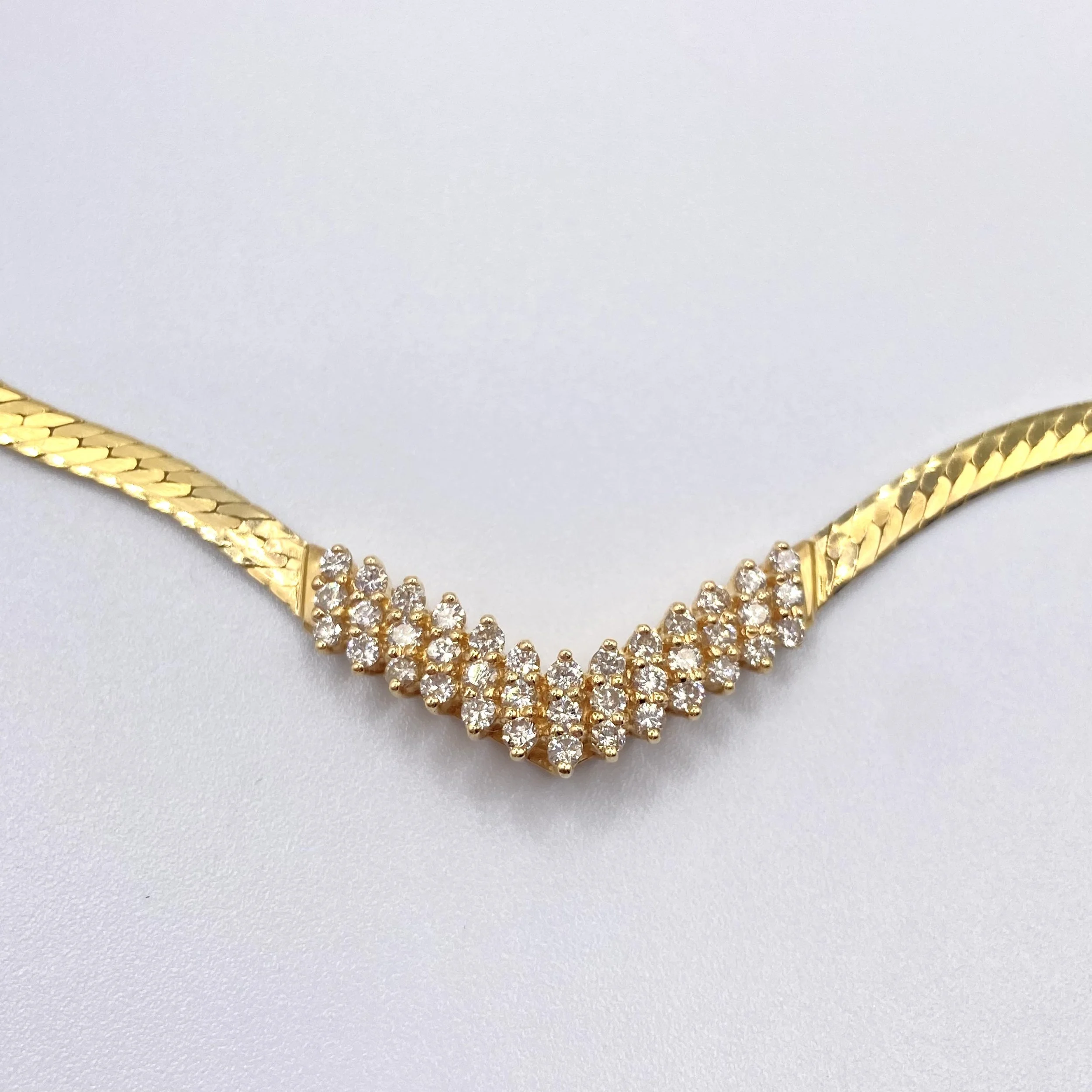 Yellow Gold Herringbone Chain w/ Three-Row Diamond Chevron, 17" Length