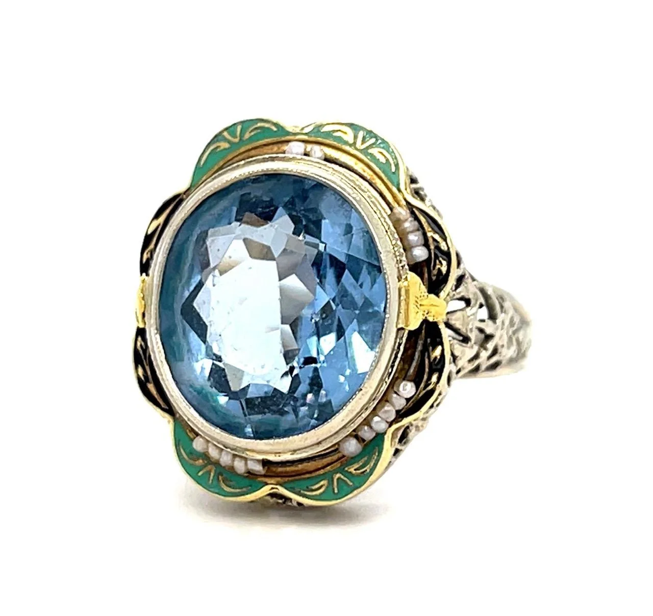 Art Deco Blue Spinel and Enamel Ring