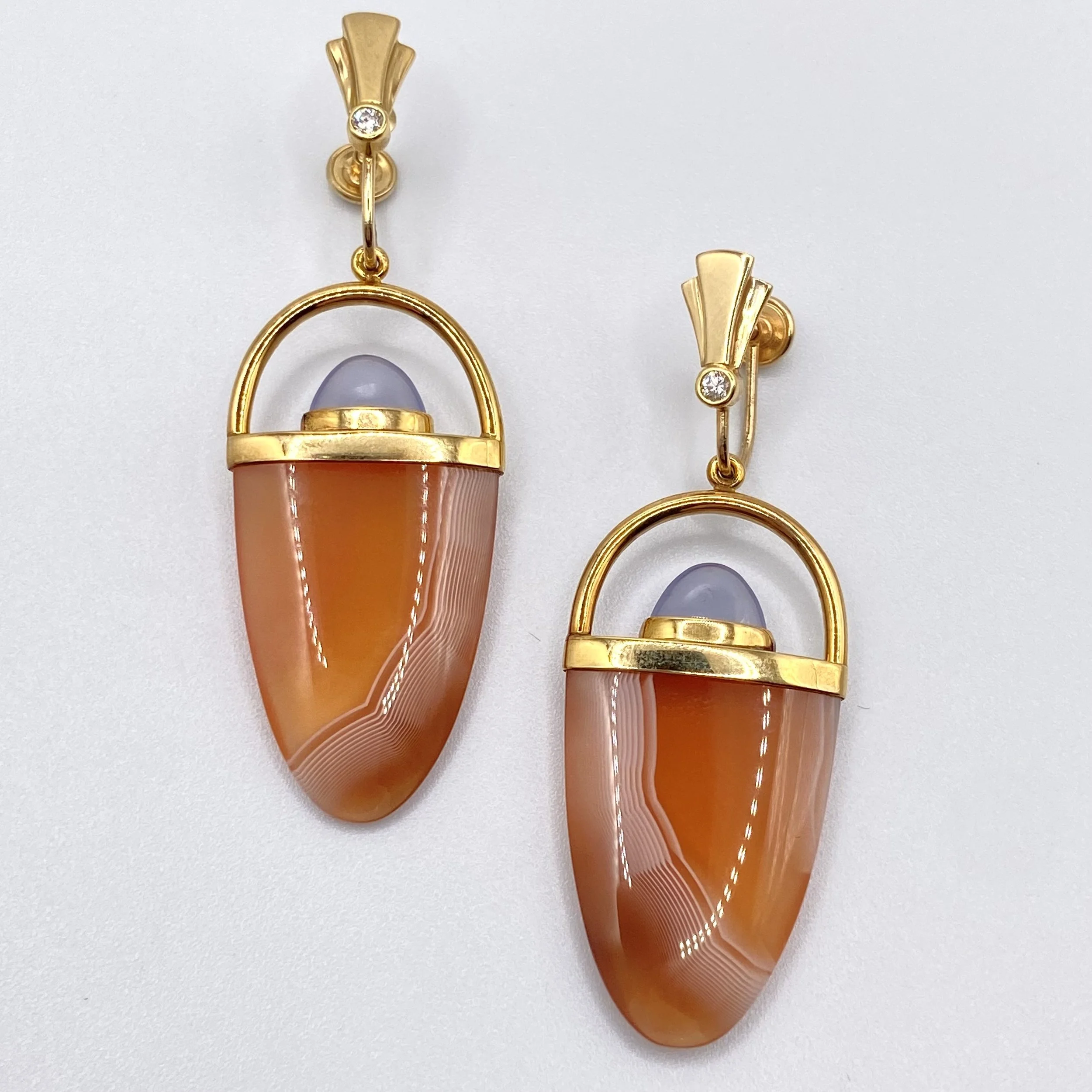 Peach Agate and Chalcedony Clip-On Dangle Earrings
