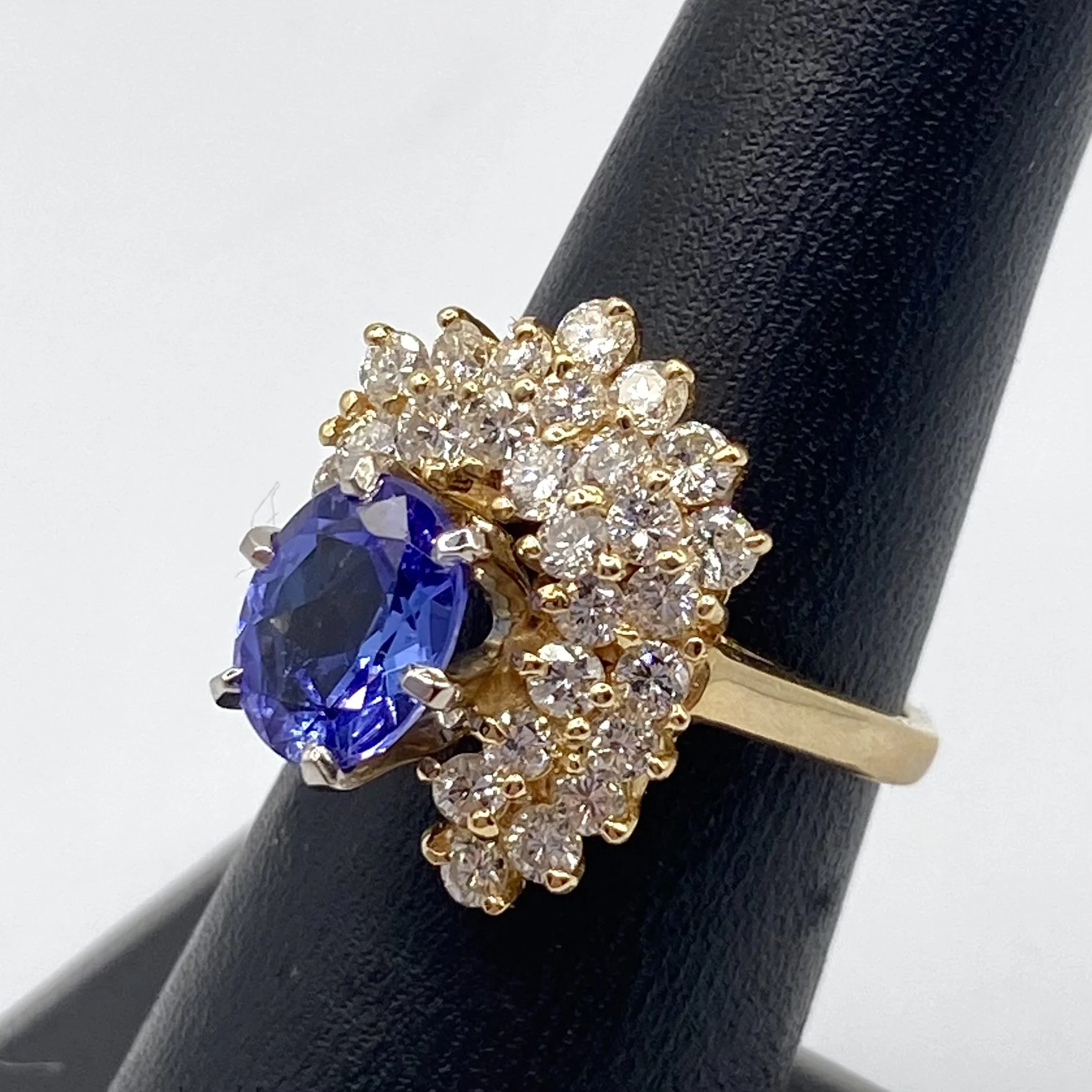 Blue Oval w/ Offset Diamond Cluster Ring, Size