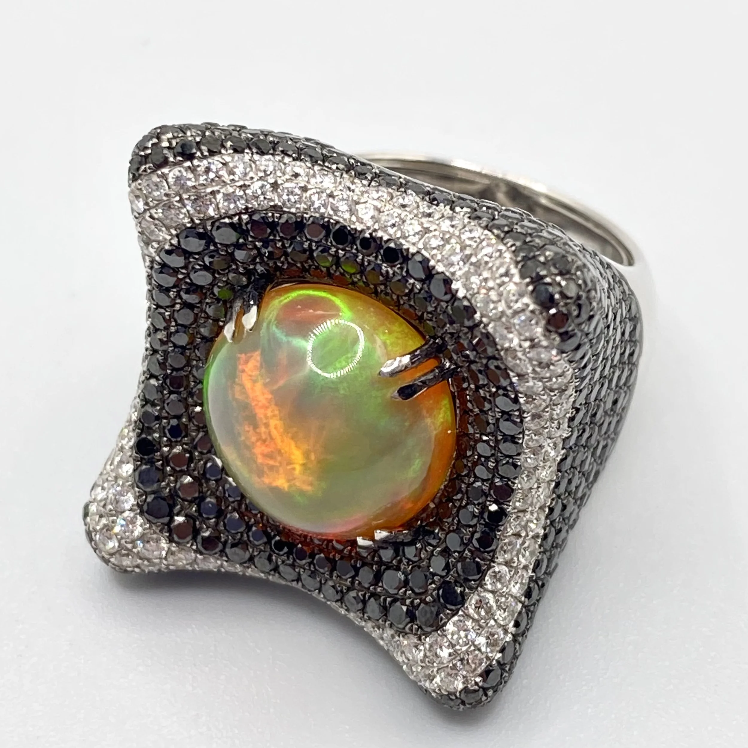 18k White Gold Ethiopian Opal with Black and White Diamond Accent Ring