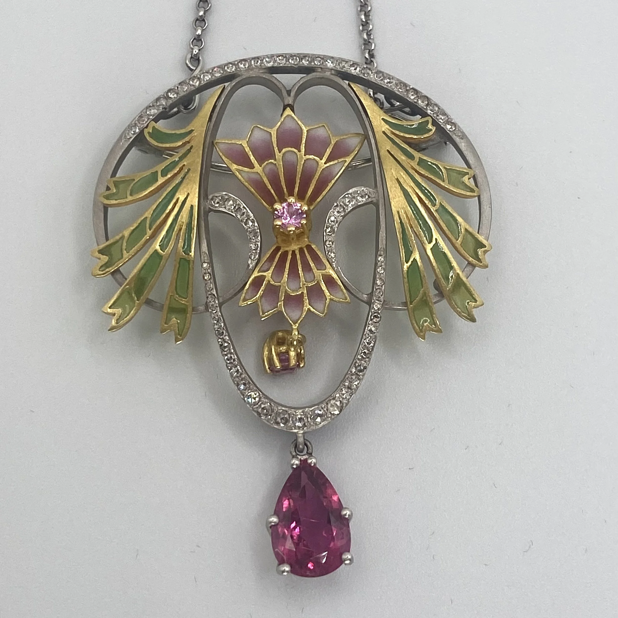 18k White Gold Art Nouveau-Style Convertible Brooch / Pendant, Chain Included