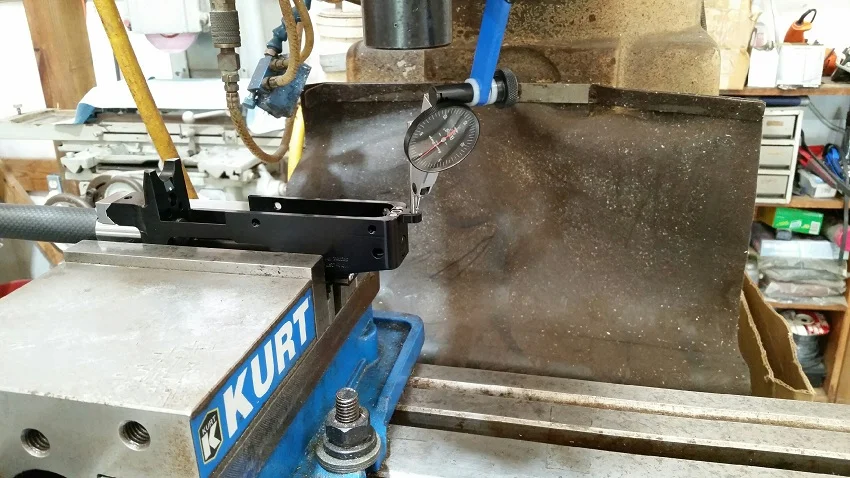 STEP-2: Install the Threaded Rear Tab and indicate the threaded hole using a gage-pin or shank of a drill, (ID of hole is .177” or #16 drill). Zero and lock your mill table with the hole swept in.