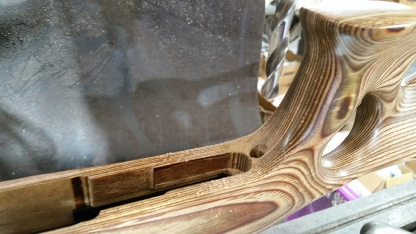 STEP-7: Carefully drill the 3/8” diameter hole, peck-drilling (in and out) to remove chips, until contact to the quill-stop at full depth. Once complete, remove stock from barreled-action and remove barreled-action from vise.