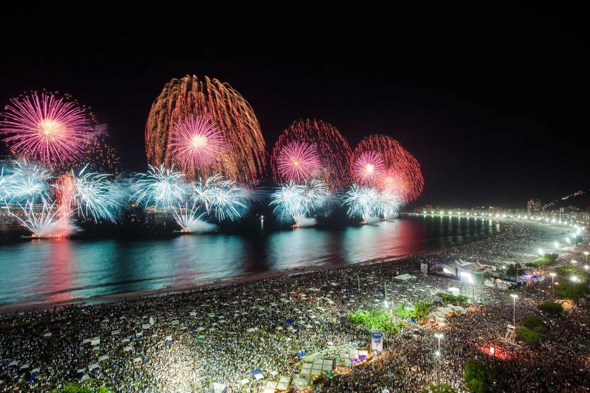 Fogos na festa de ano novo 2017 na Praia de Copacabana.