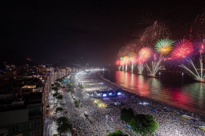 Fogos colorindo Copacabana na chegada de 2023