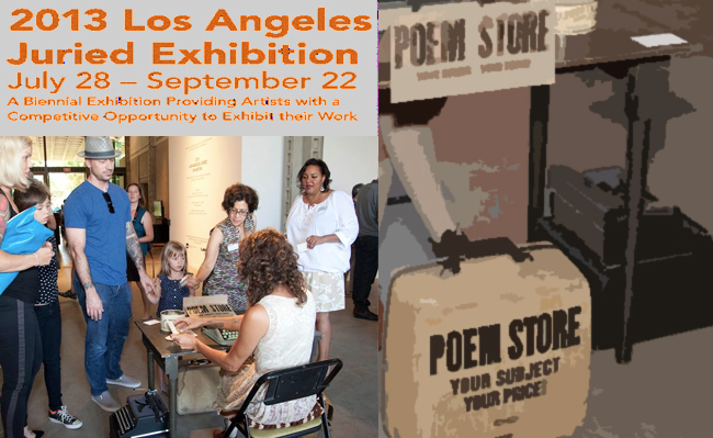 Saturday, September 7, 2013, 12:00 p.m. – 3:00 p.m. Drop in anytime; no reservations necessary. Families of all ages are invited to an interactive free Art & Poetry Workshop, featuring “Poem Store” author/performer, Jacqueline Suskin, an Honorable Mention Award Winner in the 2013 LAMAG Juried Exhibition. Using a manual typewriter, Ms. Suskin will write one-of-a kind poems especially for families. She will discuss her unique style of creative writing and her experiences as a traveling poet and performer. Participants will use a variety of writing tools and colorful art materials to create drawings inspired by Ms. Suskin’s poetry, as well as their own imaginative poems and stories. Please contact Education Coordinator/Art Instructor, Marta Feinstein, for more information via telephone at: 323.644.6269, or via email at: met_marta@sbcglobal.net.