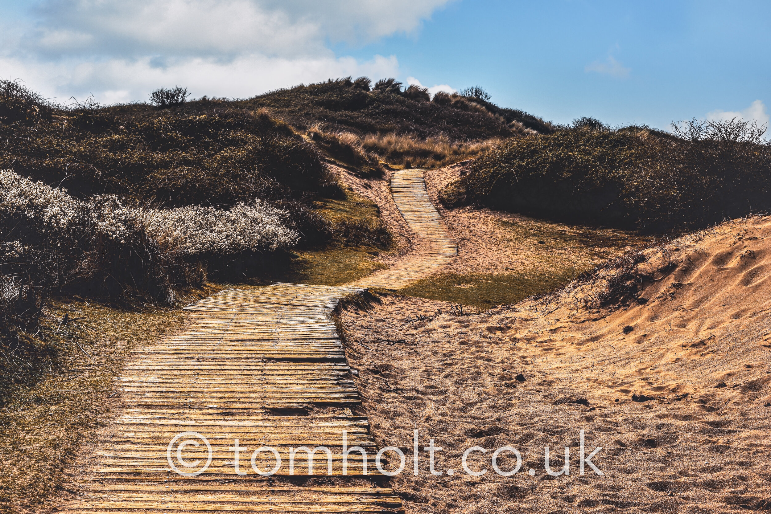 Boardwalk through the sand dunes to a quiet sandy beach