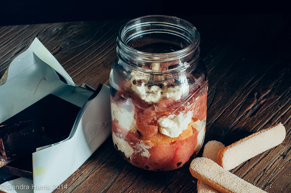 Rhubarb Tiramisu chocolate lady fingers mason jar - Sandra Harris