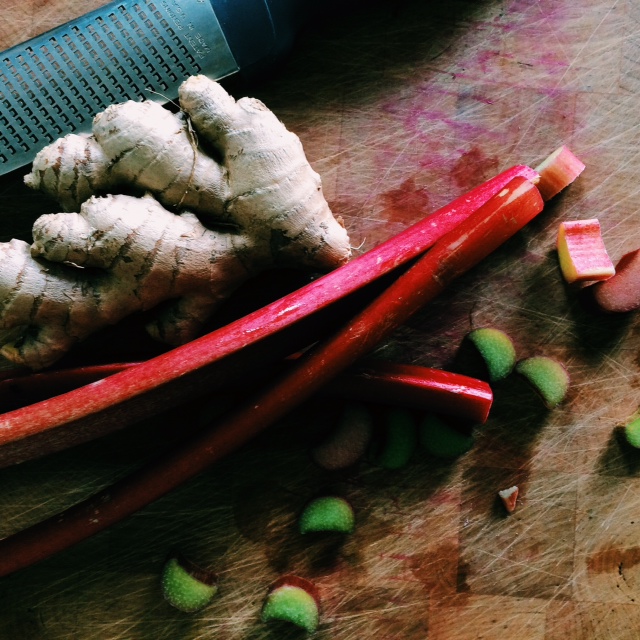 rhubarb chopped on wooden cutting board - Sandra Harris