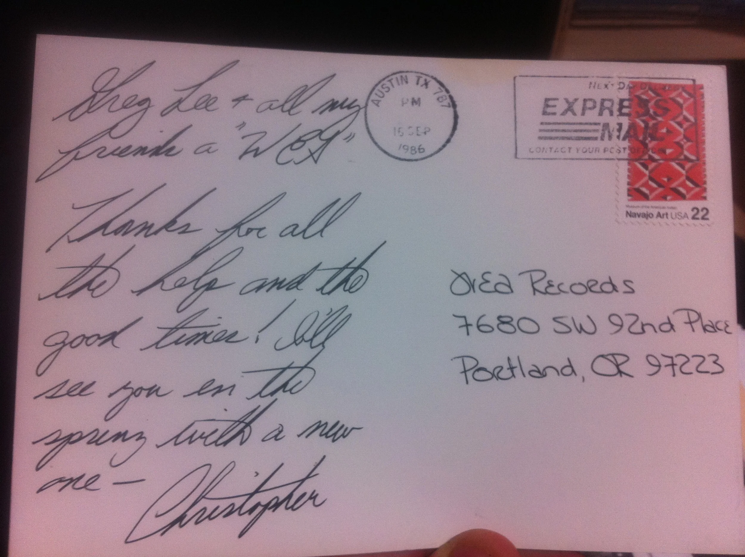 Postcard from Christopher Cross