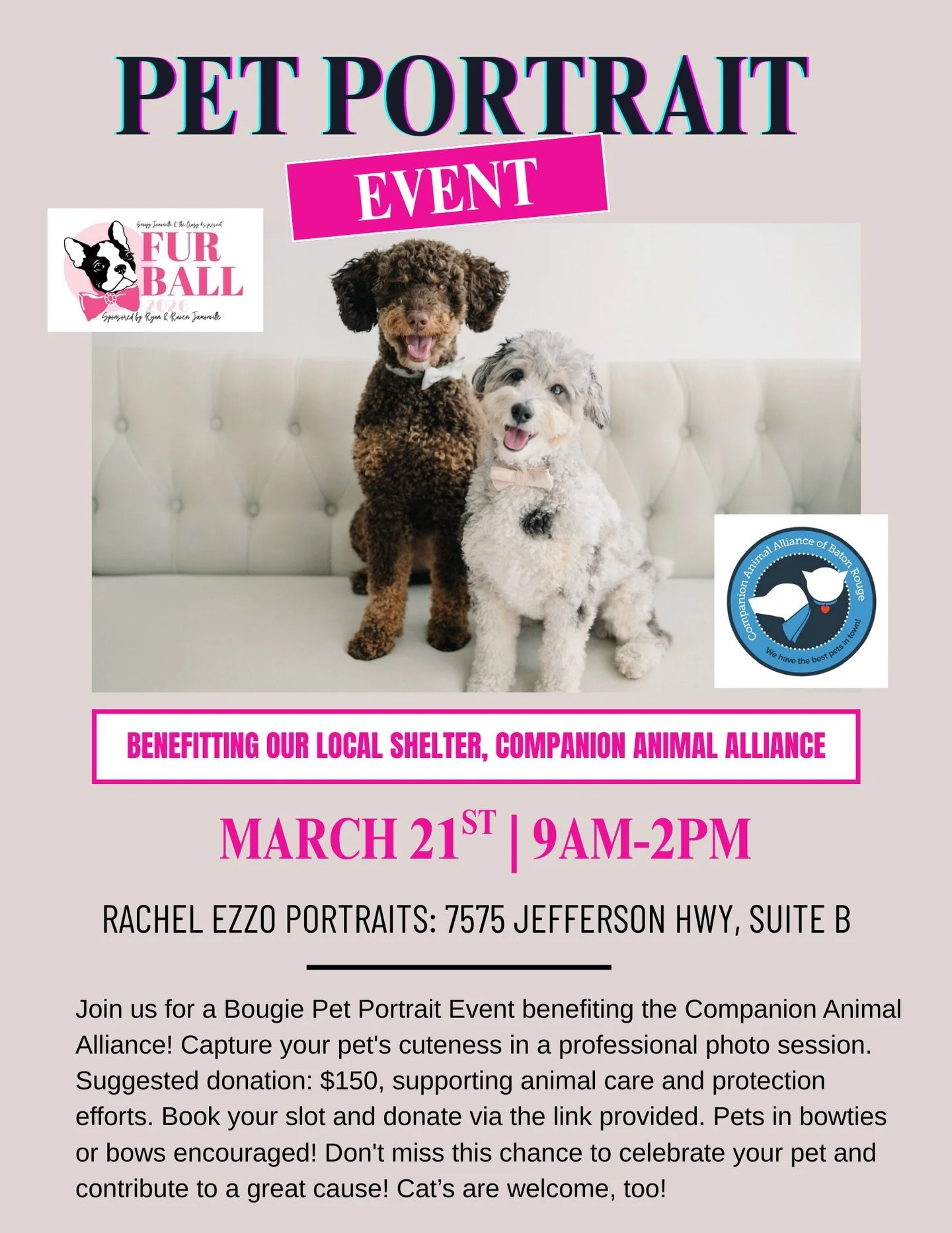 Are your fur babies a little bougie?! Grab a bow or bow tie and sign up for a portrait of your fur babies!! Donation suggested of $150, all donations benefiting @caapets and @furballbr! Not only does your donation go for a good cause it also goes to 