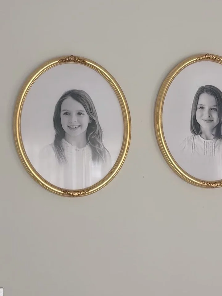 Heirloom portraits of 4 adorable daughters, in the most beautiful gold ornate frame. She requested black and white which adds to the timelessness of them. But this frame would be beautiful with colored portraits as well! #fineartphotography #fineartp