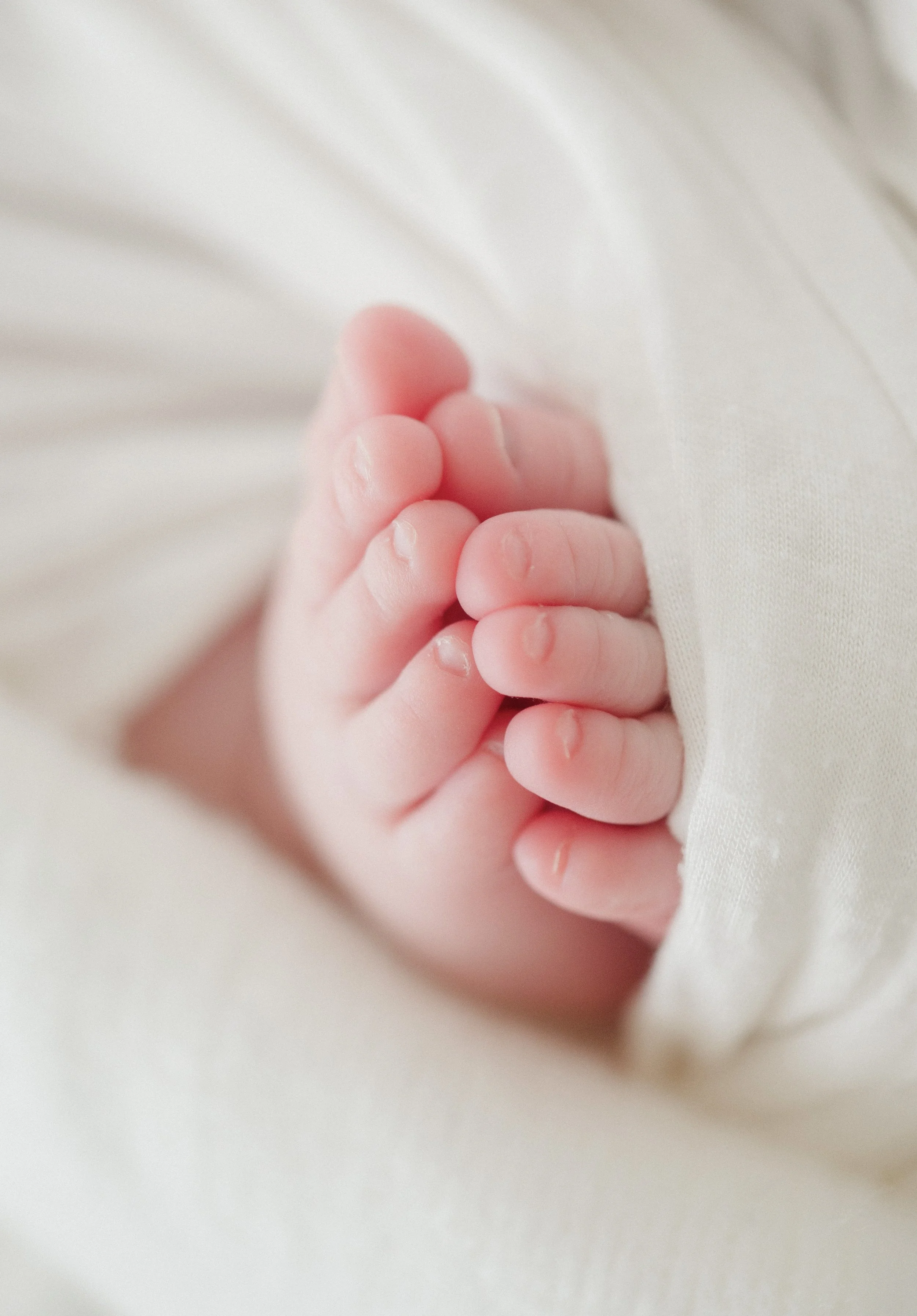 Close-up of a baby's tiny hand gripping a piece of white fabric.